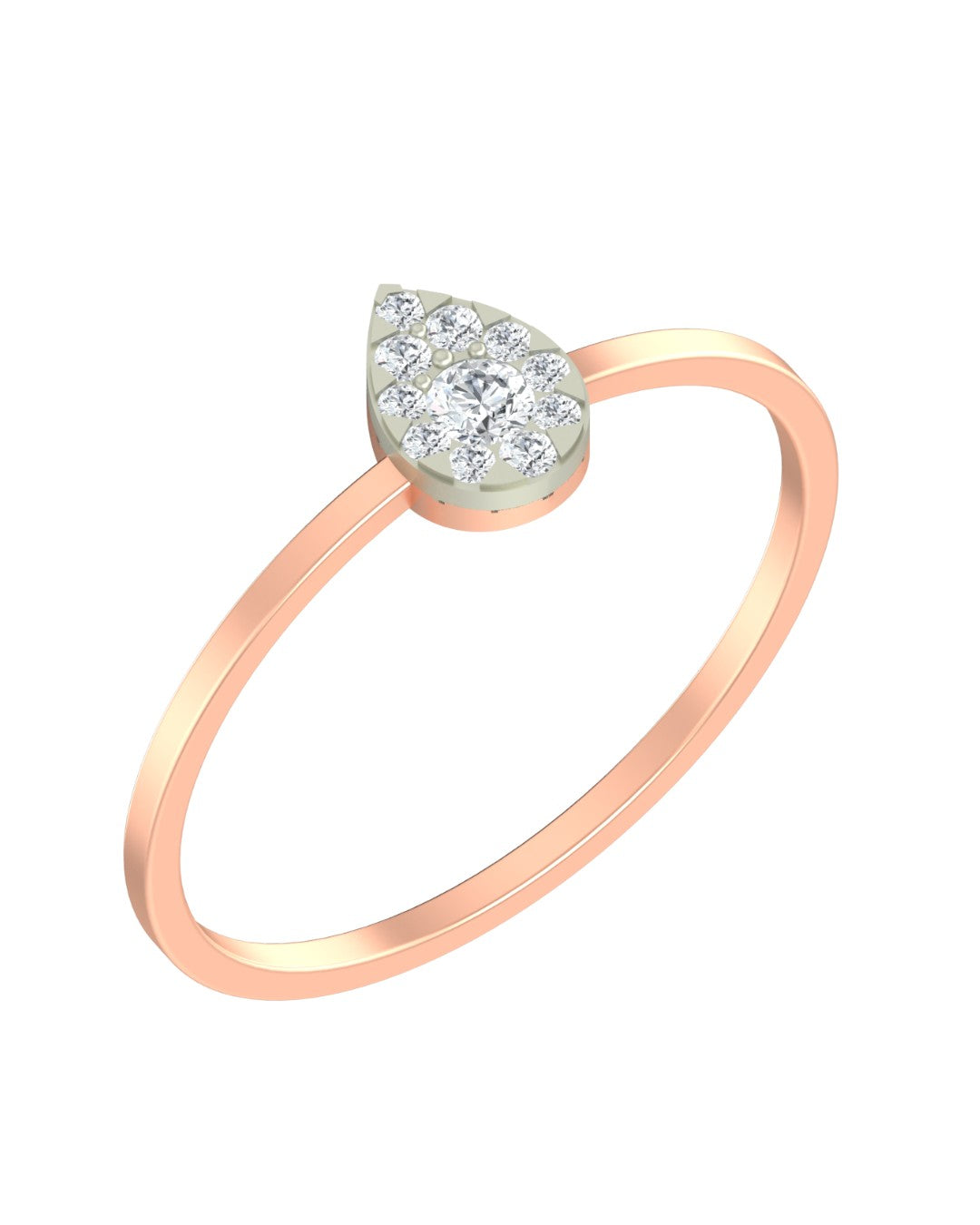 Rose gold and diamond ring with a teardrop-shaped center cluster on a white background
