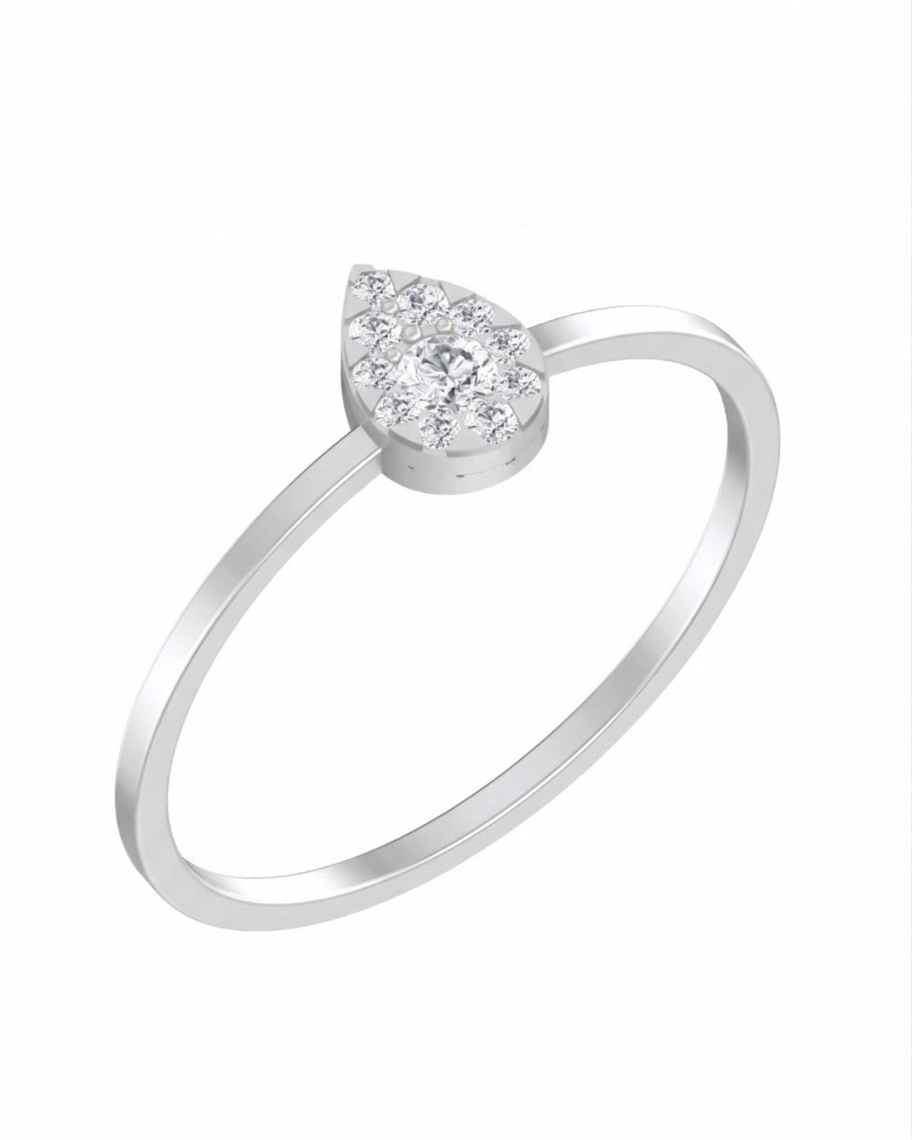 White gold and diamond ring with a teardrop-shaped center cluster on a white background
