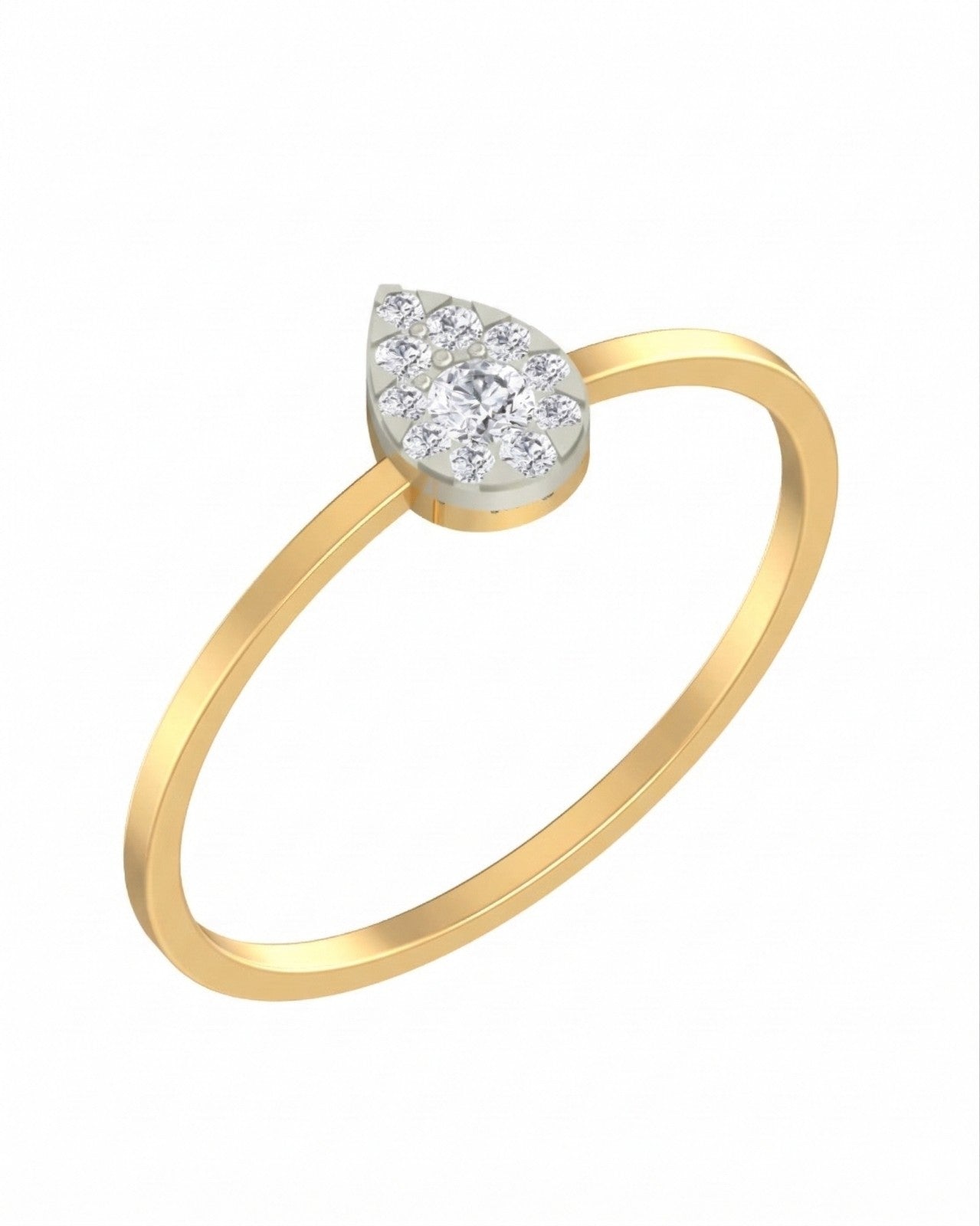Yellow gold and diamond ring with a teardrop-shaped center cluster on a white background