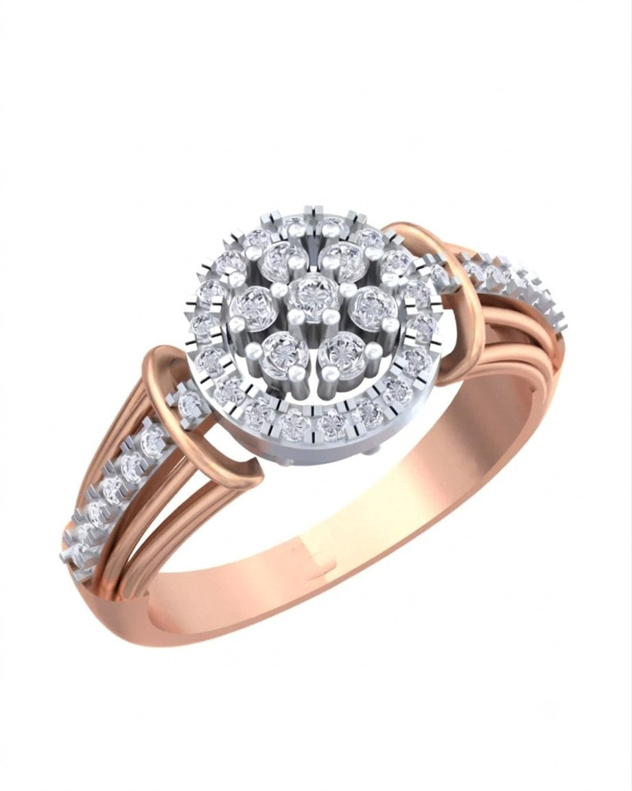 Diamond and rose gold ring with cluster design on a white background