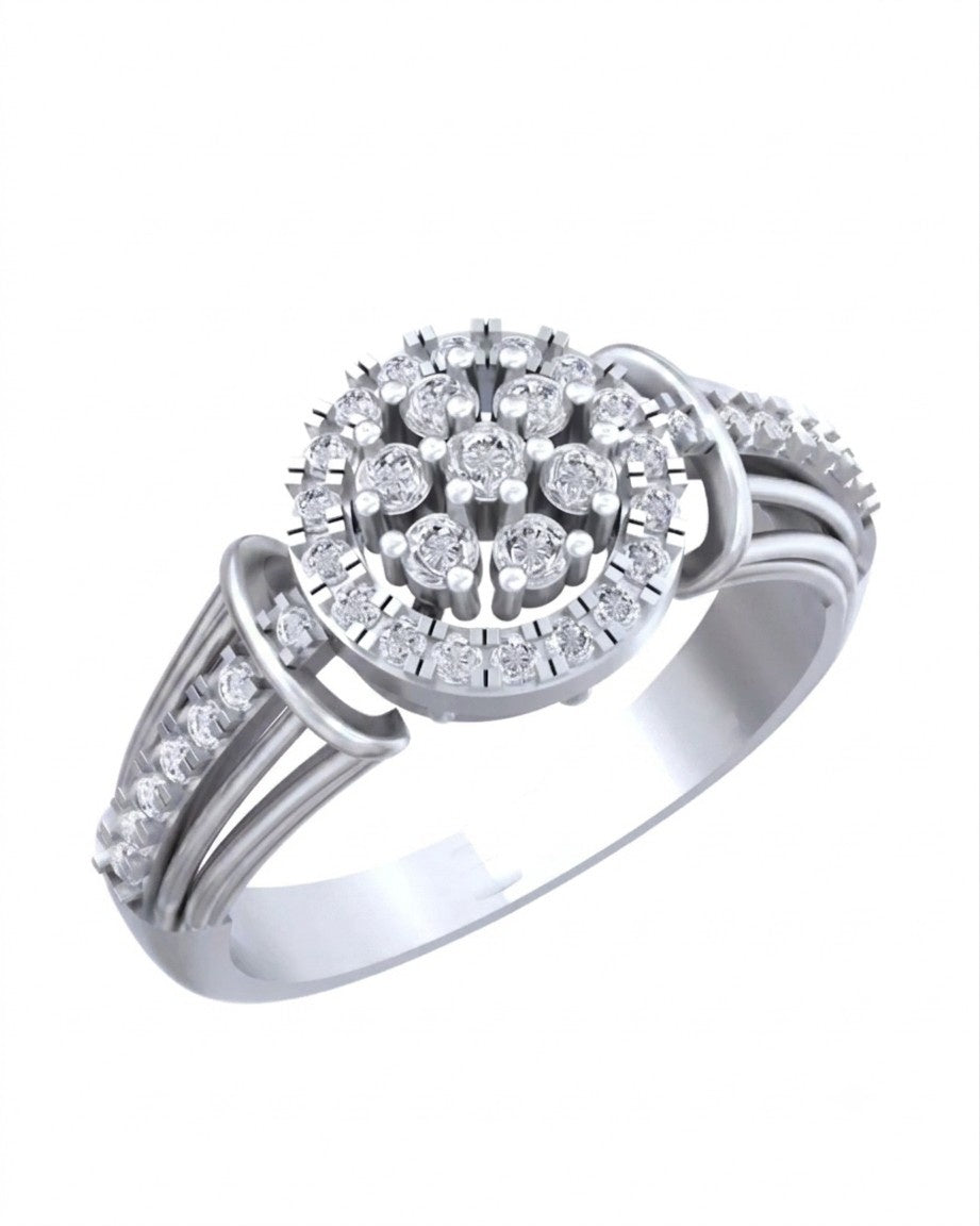 Diamond and white gold ring with cluster design on a white background