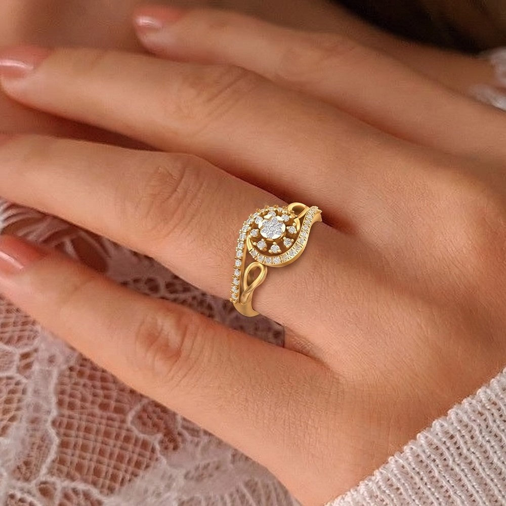 Gold ring with a diamond on a hand against a lace fabric background