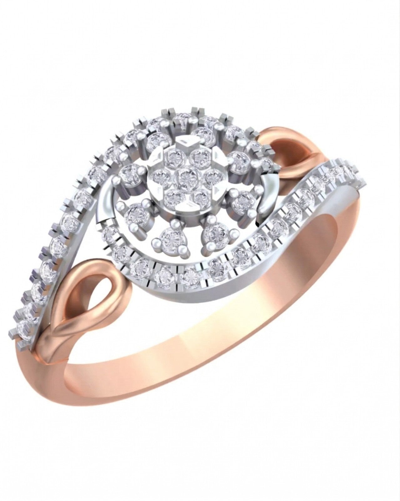 Rose gold and diamond ring with diamond accents on a white background
