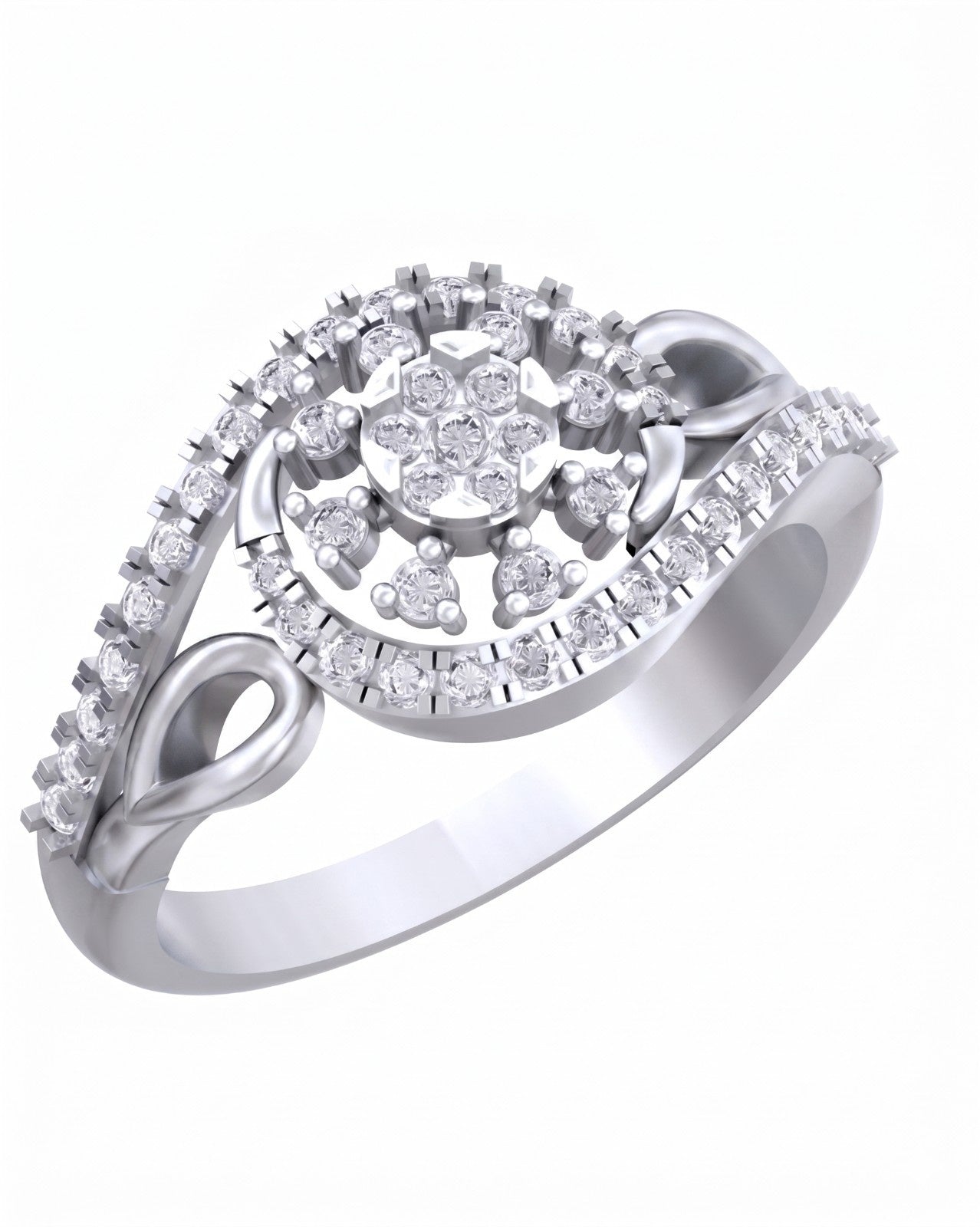 White gold and diamond ring with diamond accents on a white background