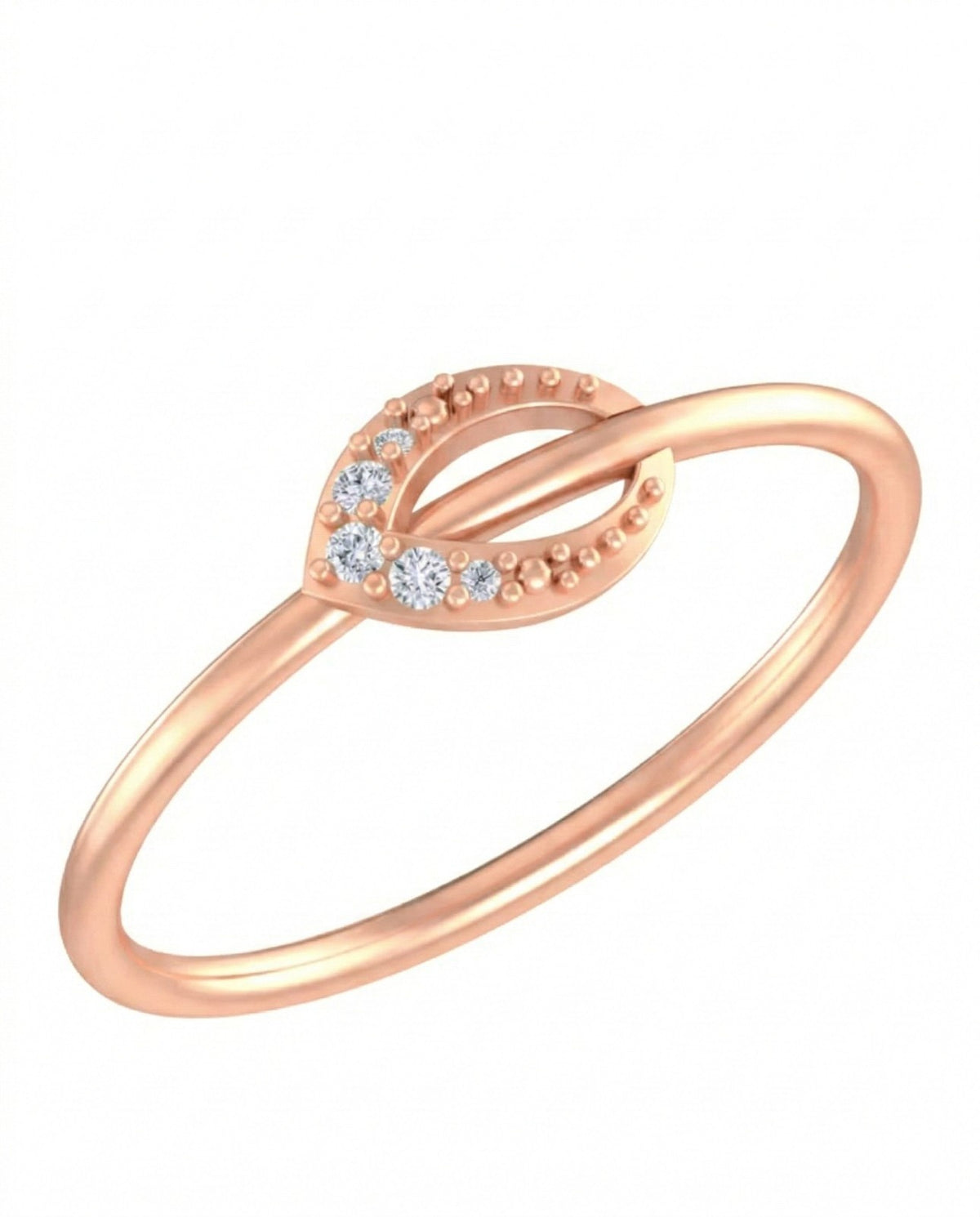 A rose gold and diamond ring featuring a stylized leaf, shown on a plain white background.