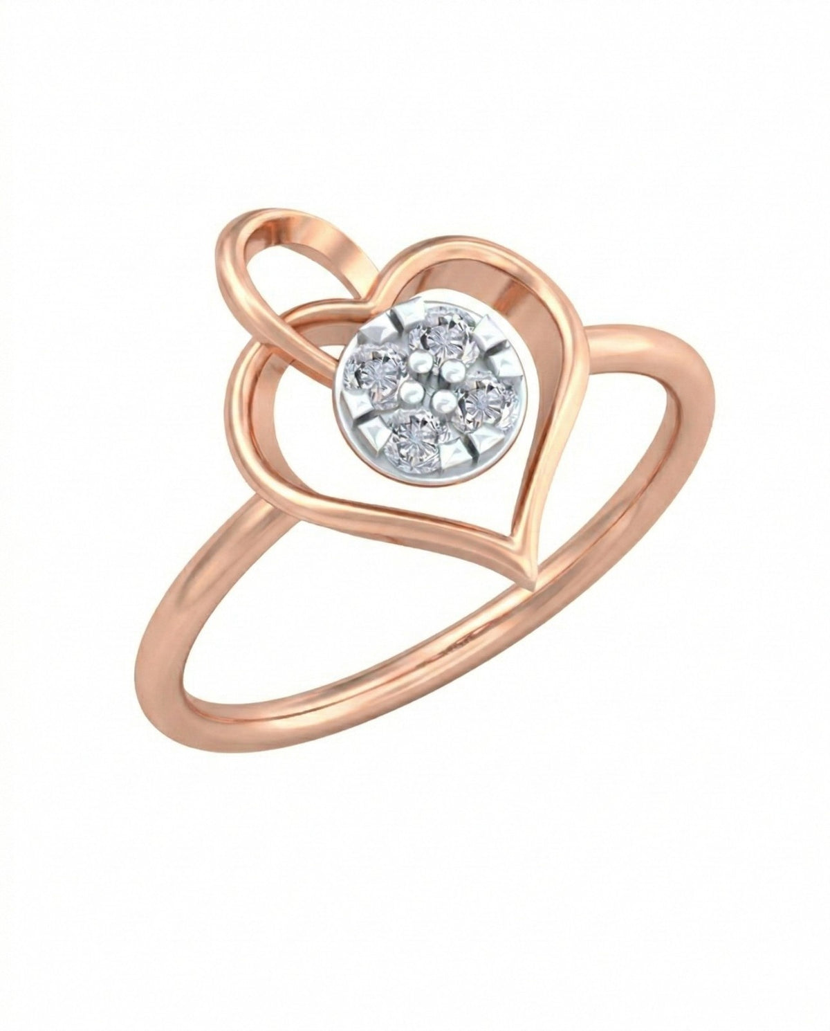 A rose gold and diamond ring featuring a heart design with a central round cluster,  shown on a plain white background.