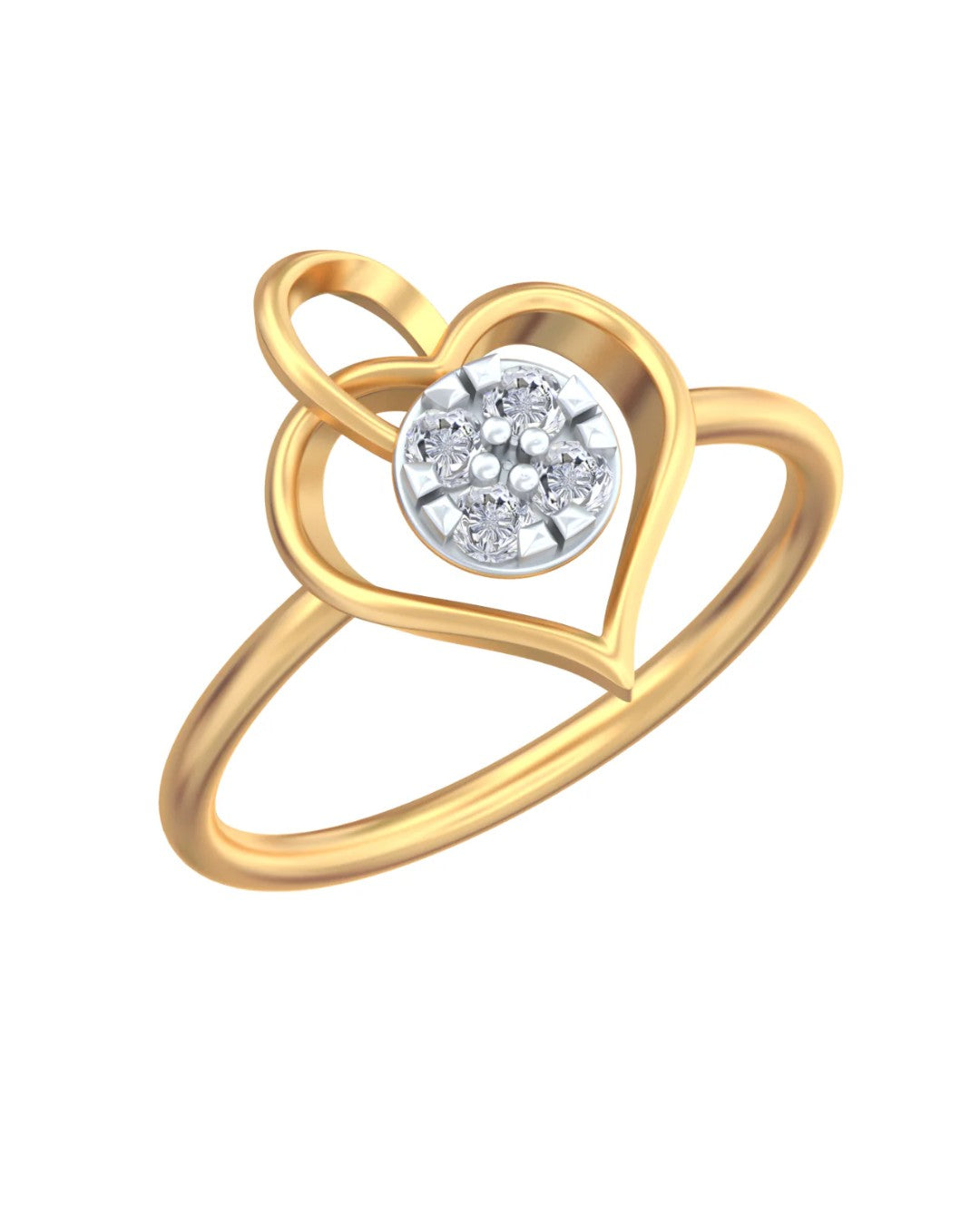 A yellow gold and diamond ring featuring a heart design with a central round cluster,  shown on a plain white background.