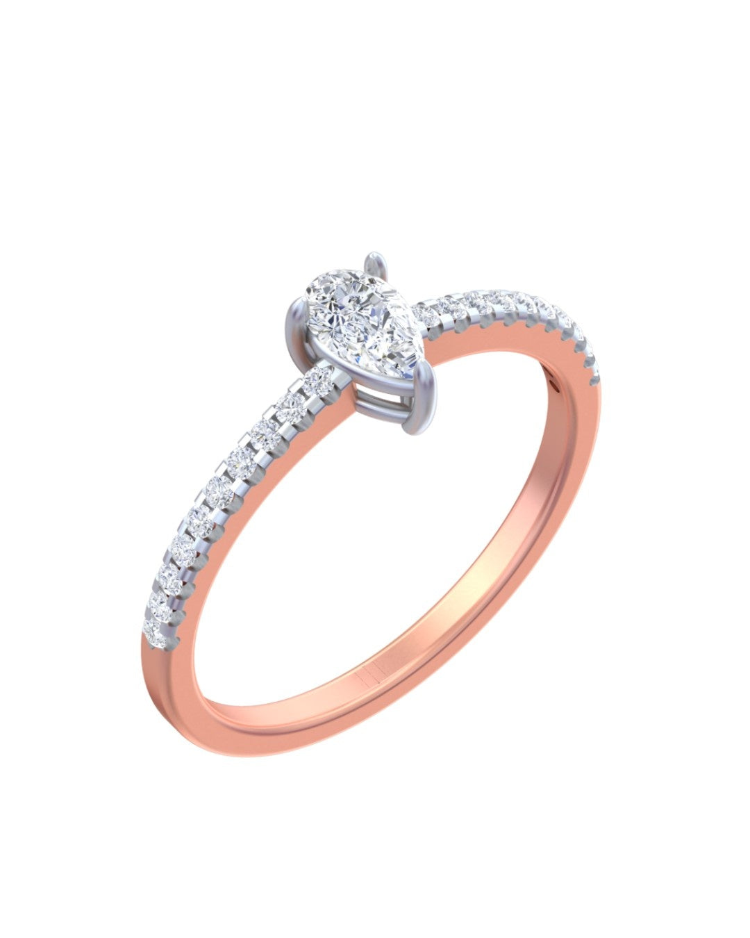 A rose gold and diamond ring, a pear-cut center stone, shown on a plain white background.