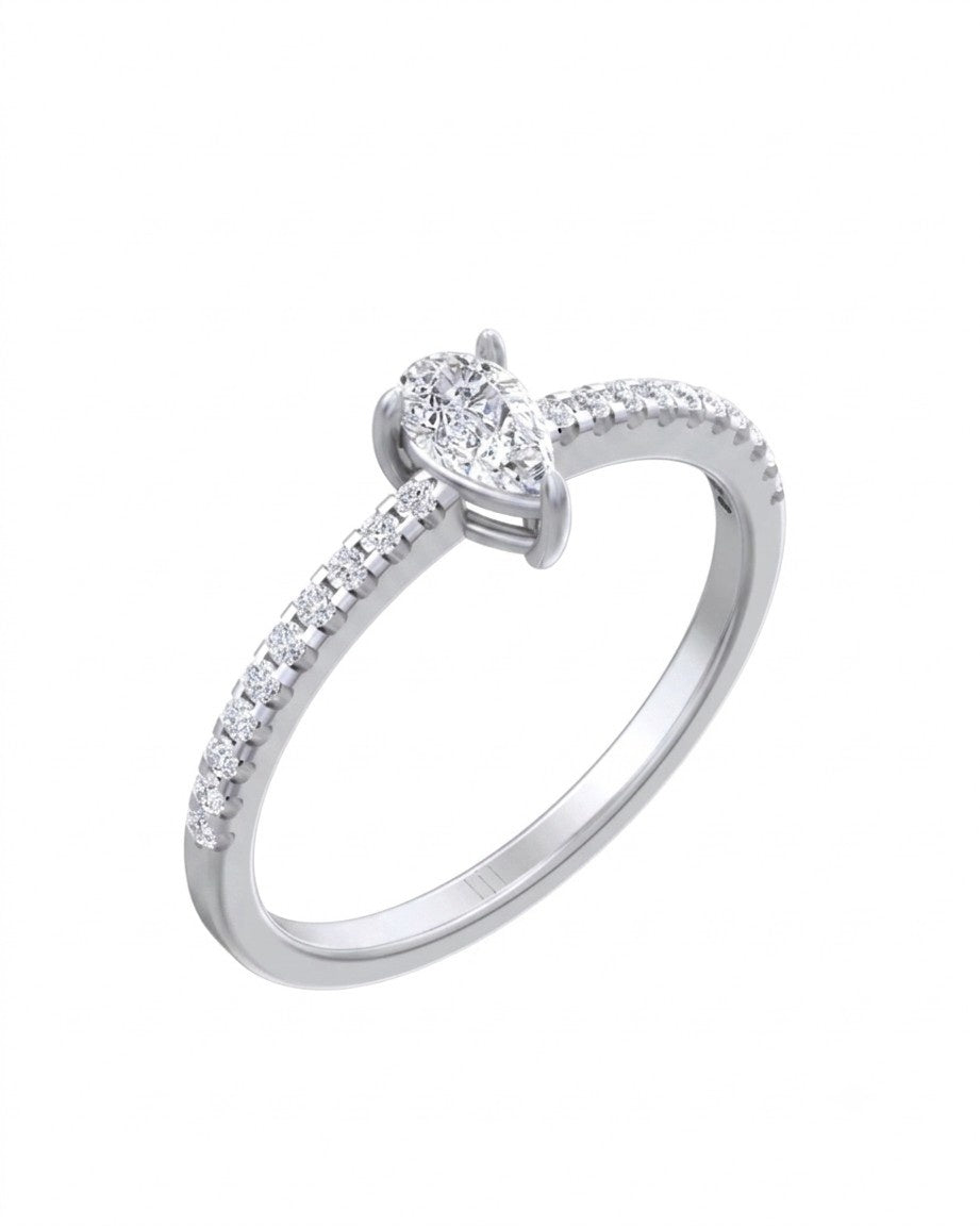 A white gold and diamond ring, a pear-cut center stone, shown on a plain white background.