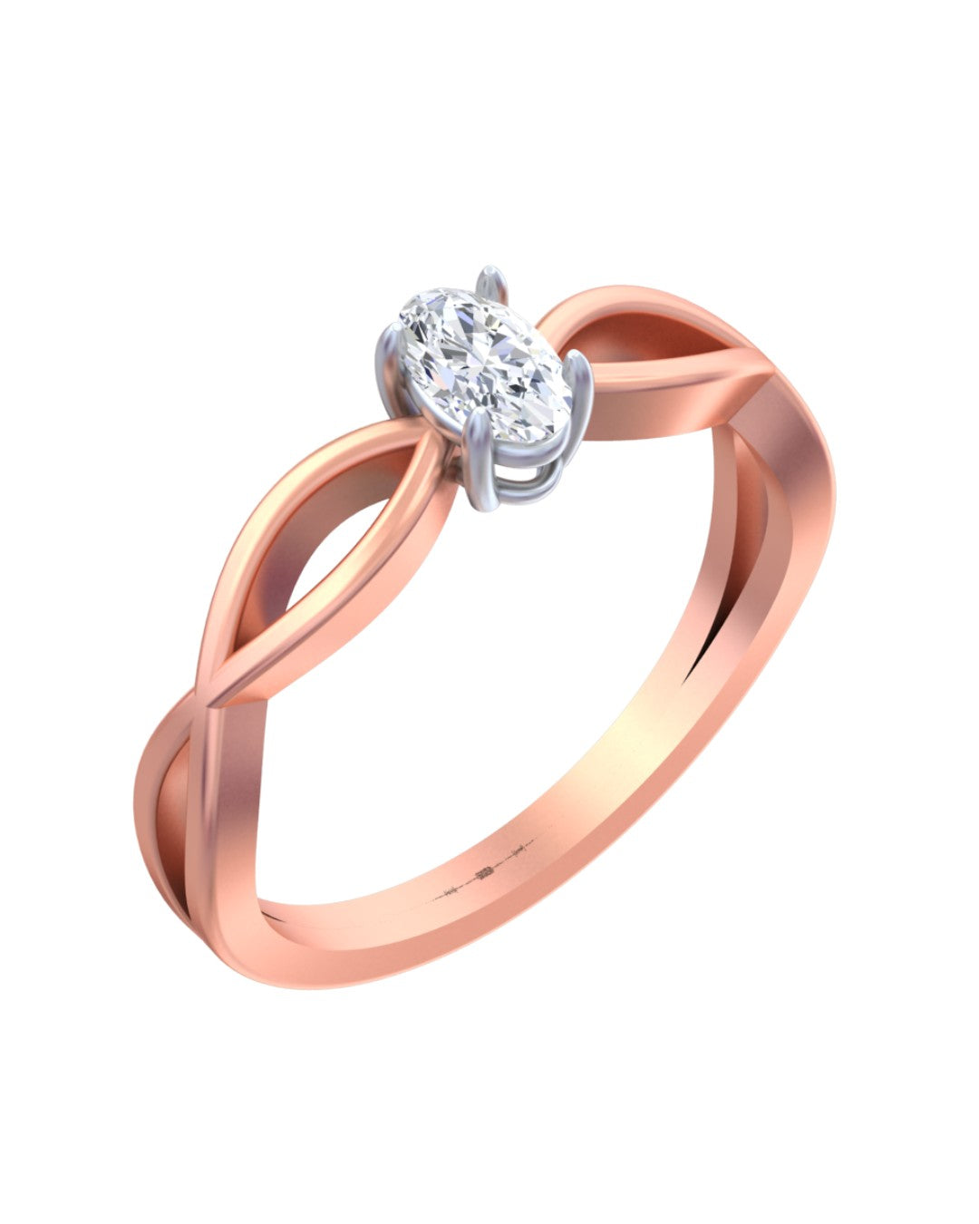 Rose gold ring with a diamond on a white background.