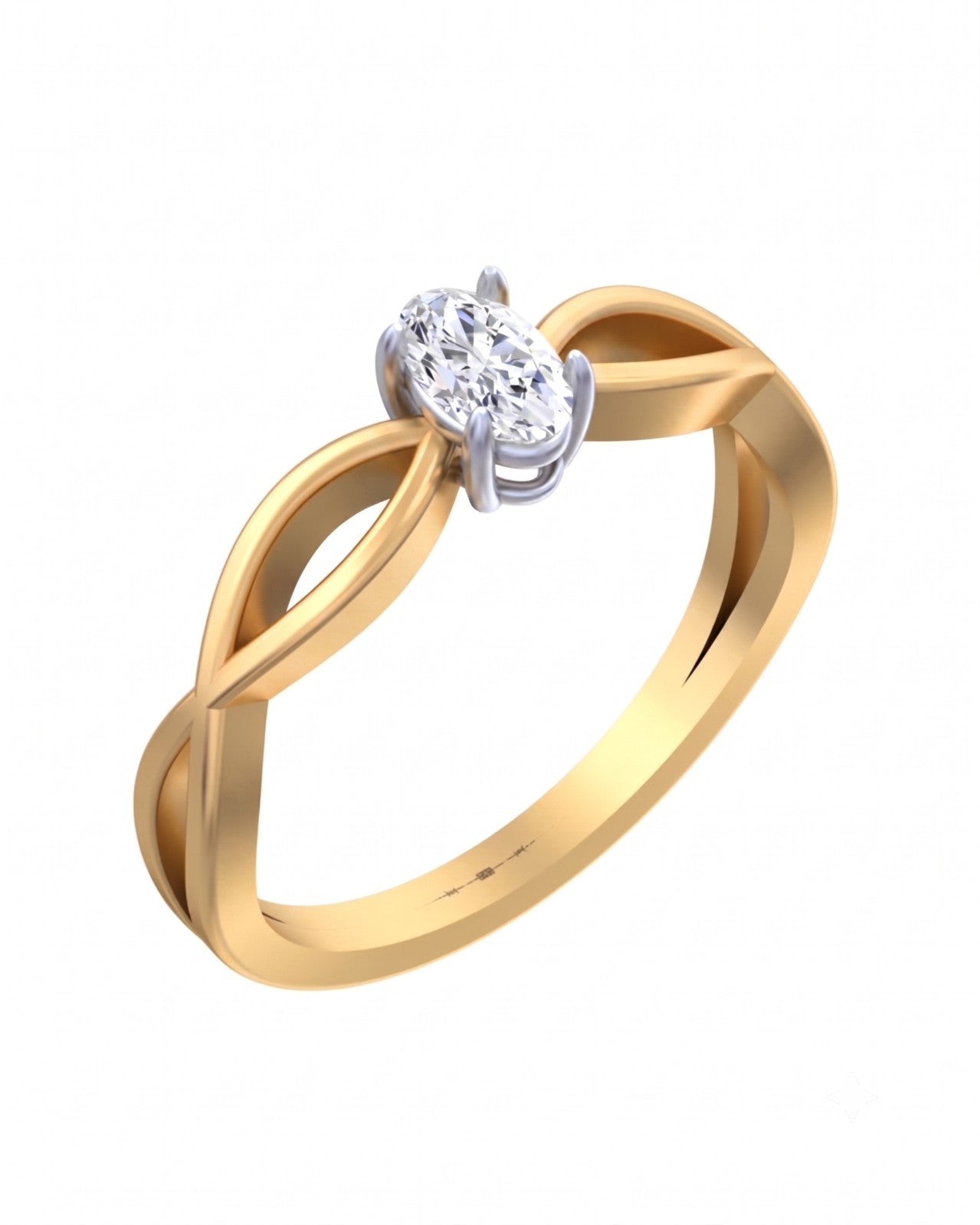Yellow gold ring with a diamond on a white background.
