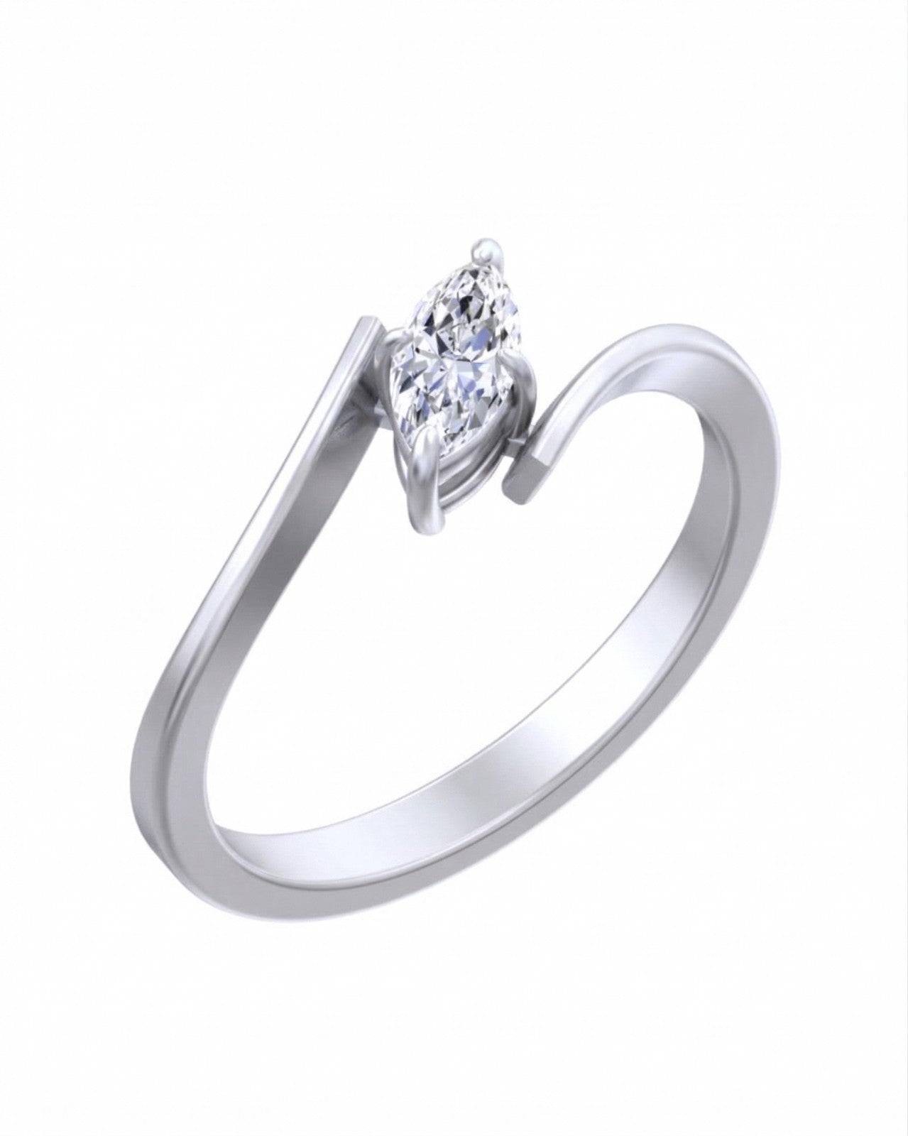 A white ring featuring a marquise-cut diamond, shown on a plain white background.