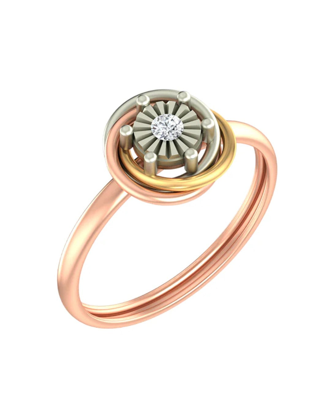Rose gold and diamond women's ring on a white background.