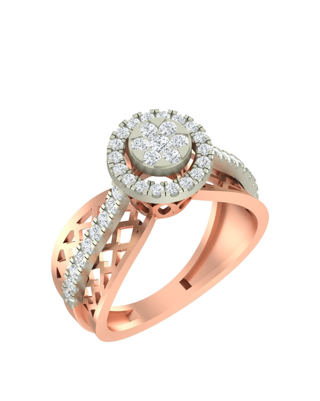 Rose gold and diamond with halo design on a white background
