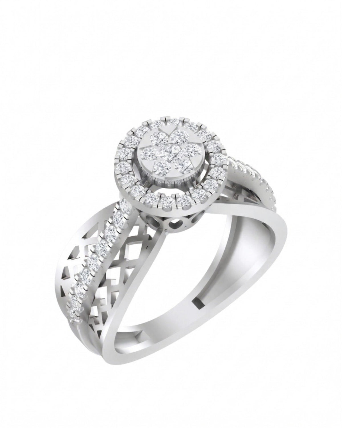 White gold and diamond with halo design on a white background