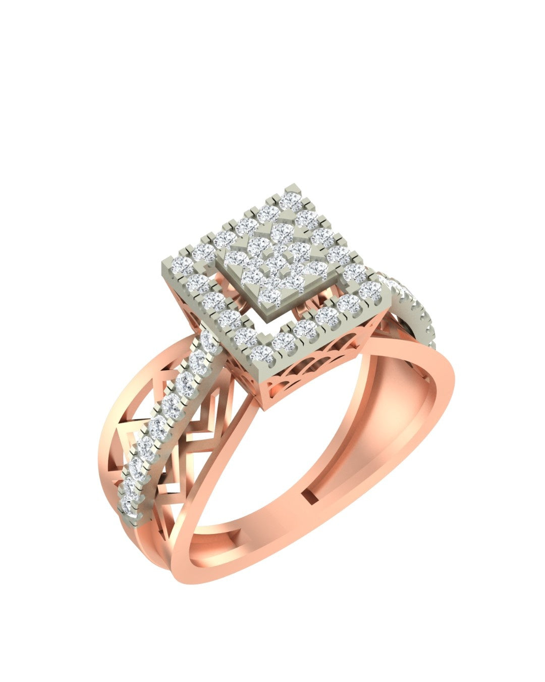 A rose gold ring with a square diamond cluster setting, shown on a plain white background.