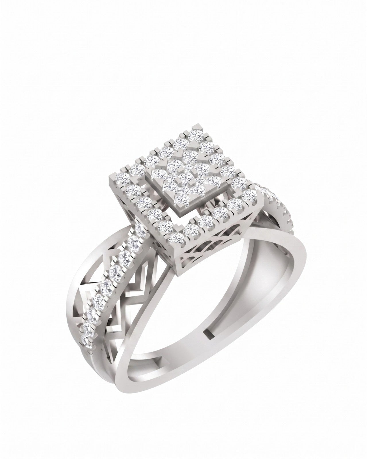 A white gold ring with a square diamond cluster setting, shown on a plain white background.