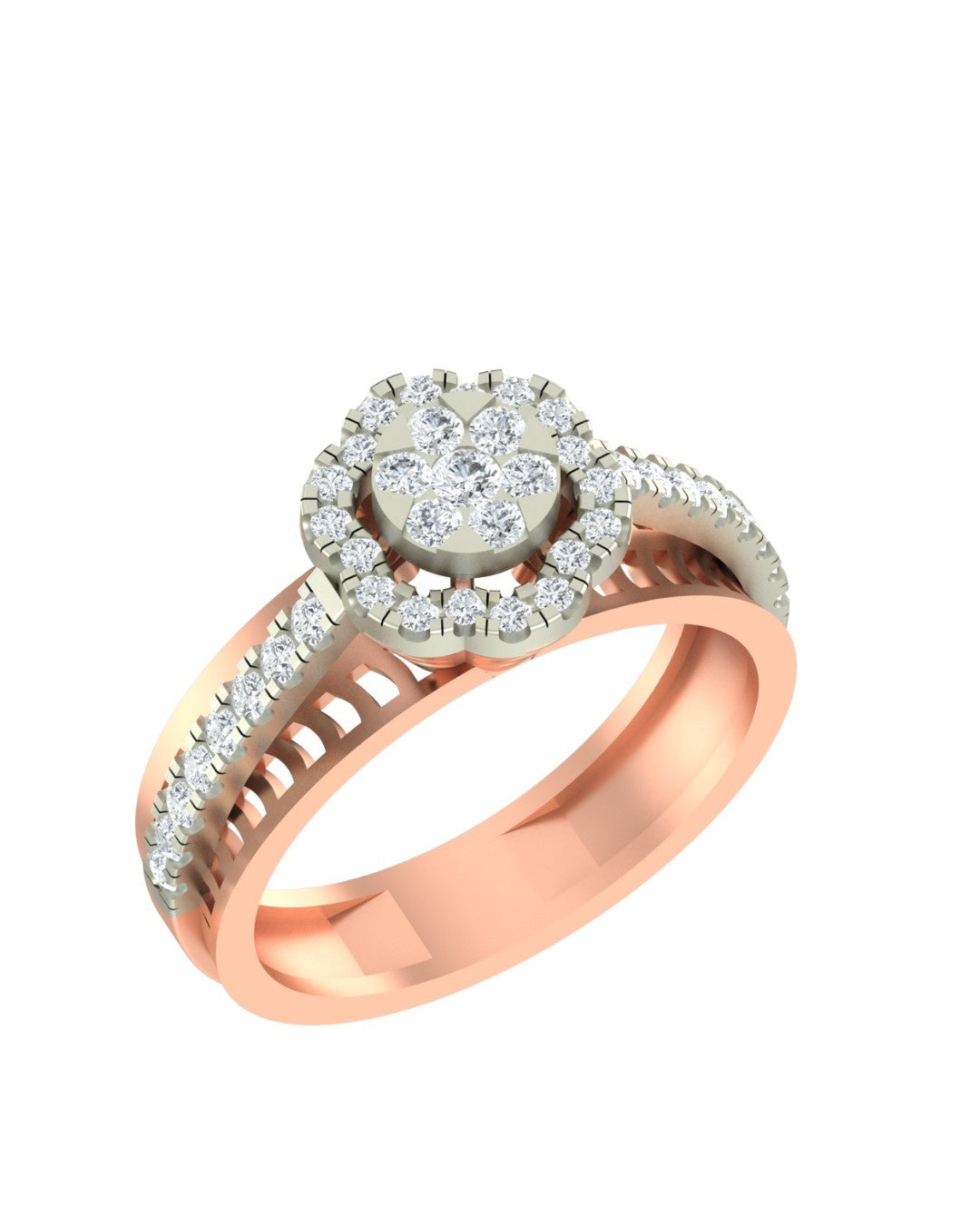 Rose gold ring with diamond floral design on a white background.