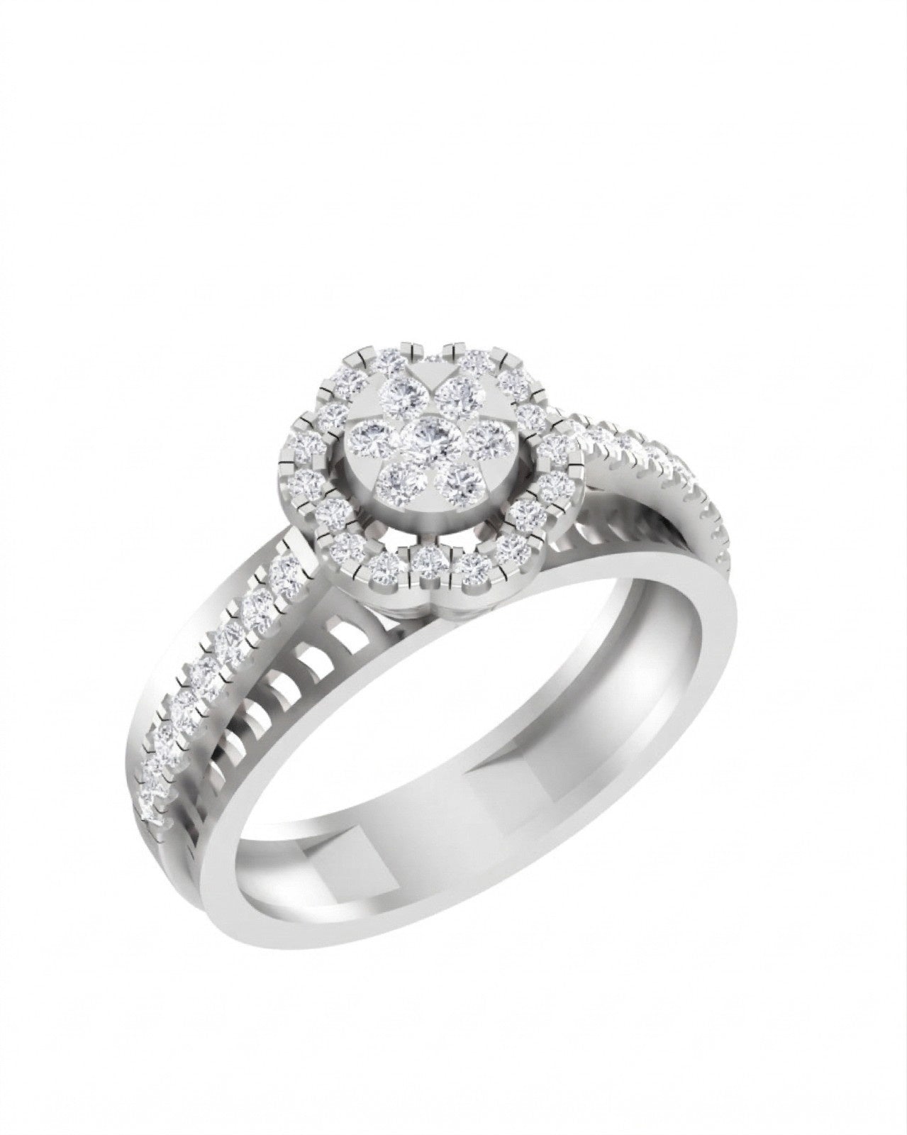 White gold ring with diamond floral design on a white background.