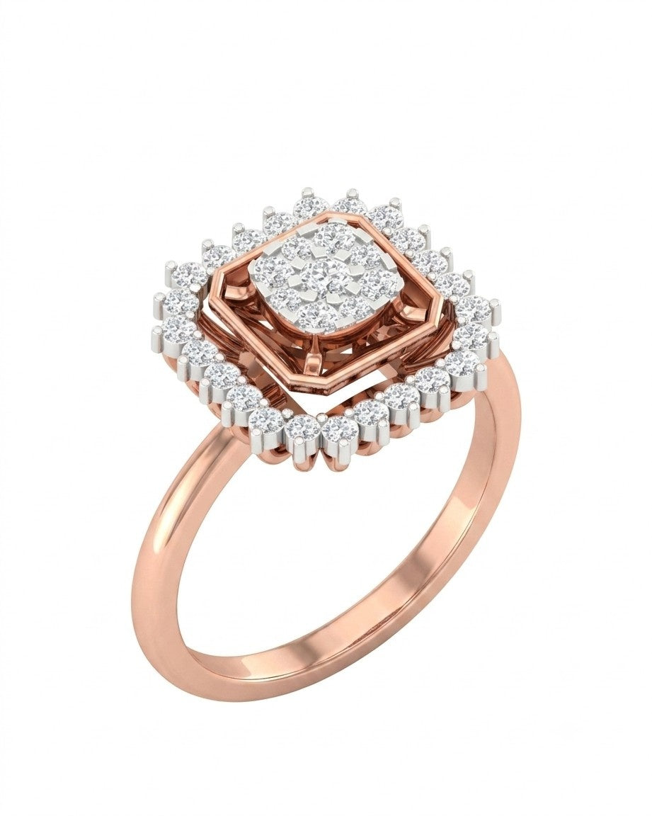 Rose gold ring with a diamond centerpiece on a white background