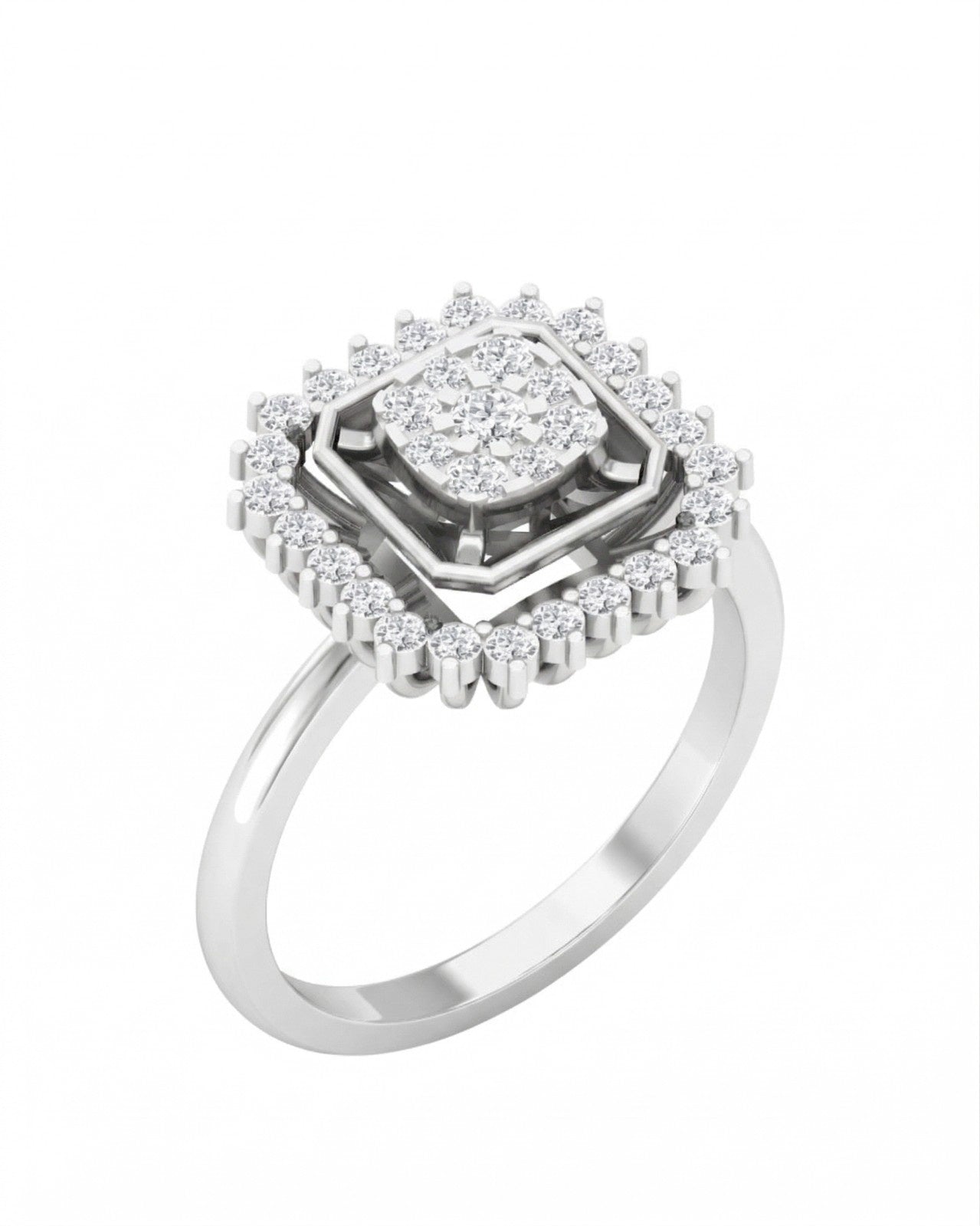 White gold ring with a diamond centerpiece on a white background