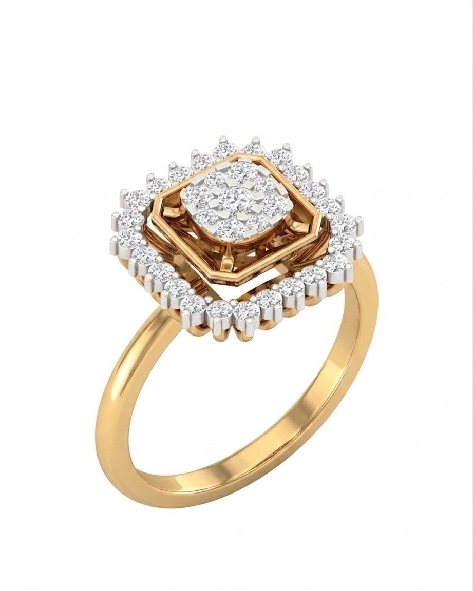 Yellow gold ring with a diamond centerpiece on a white background