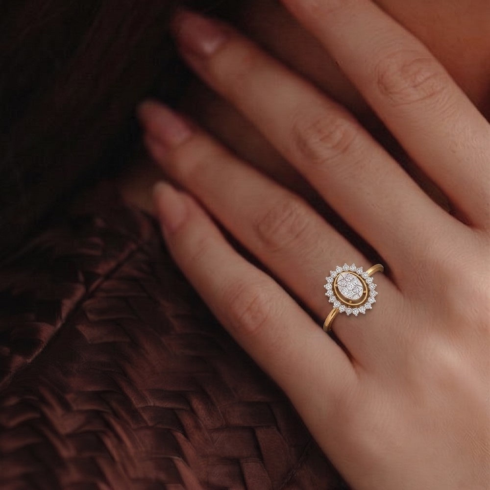 Gold ring with a diamond on a hand against a brown textured background