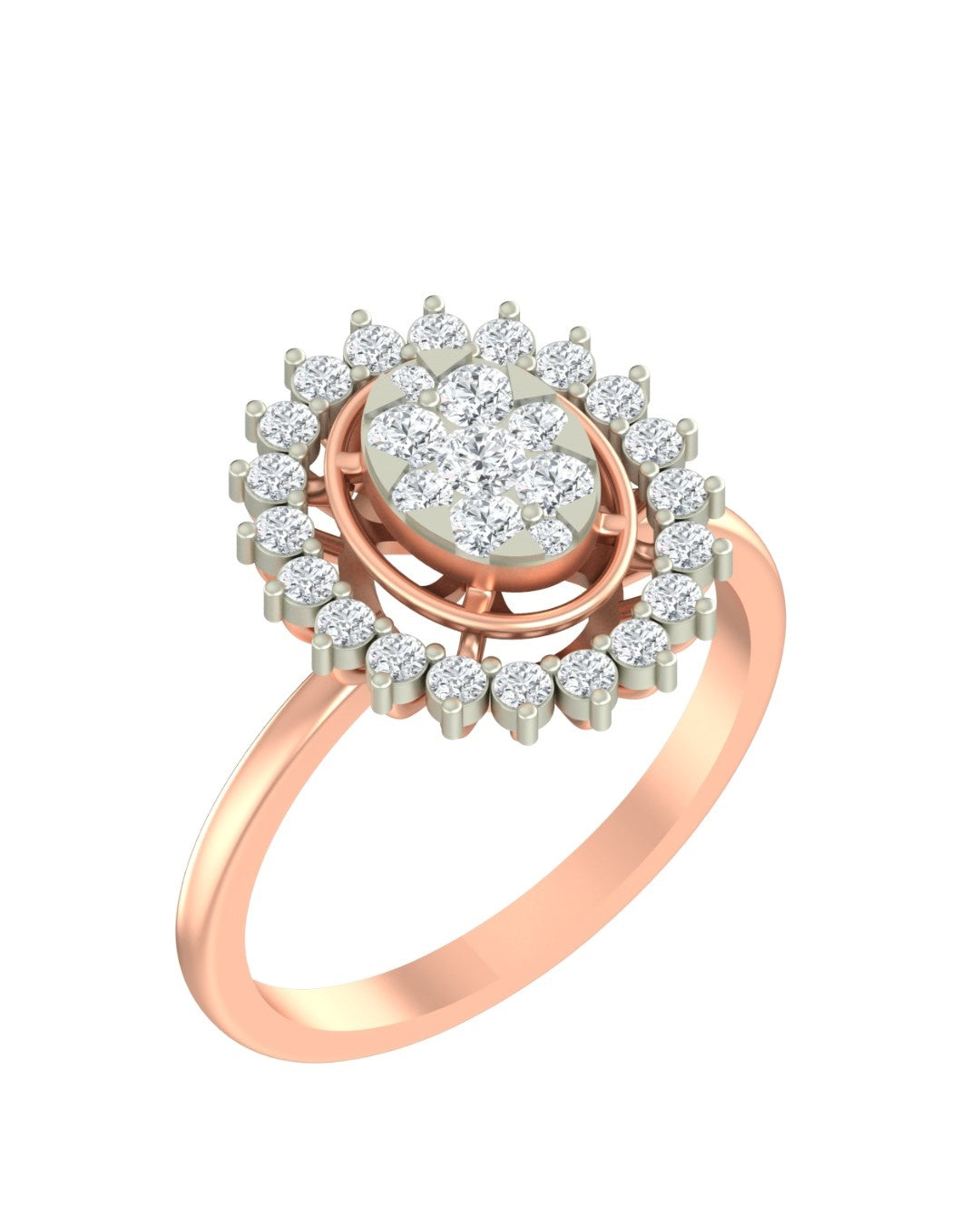 Rose gold ring with diamond accents on a white background.