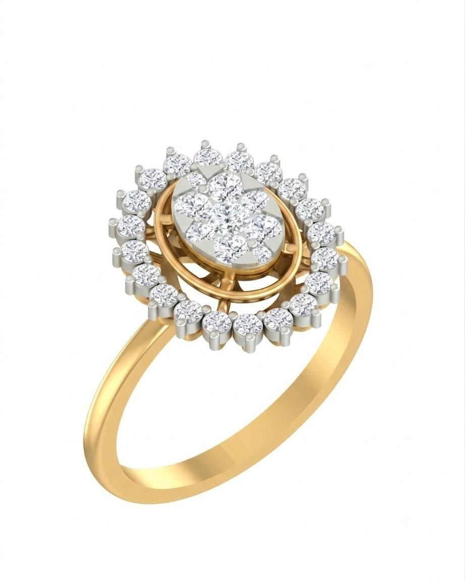 Yellow gold ring with diamond accents on a white background.
