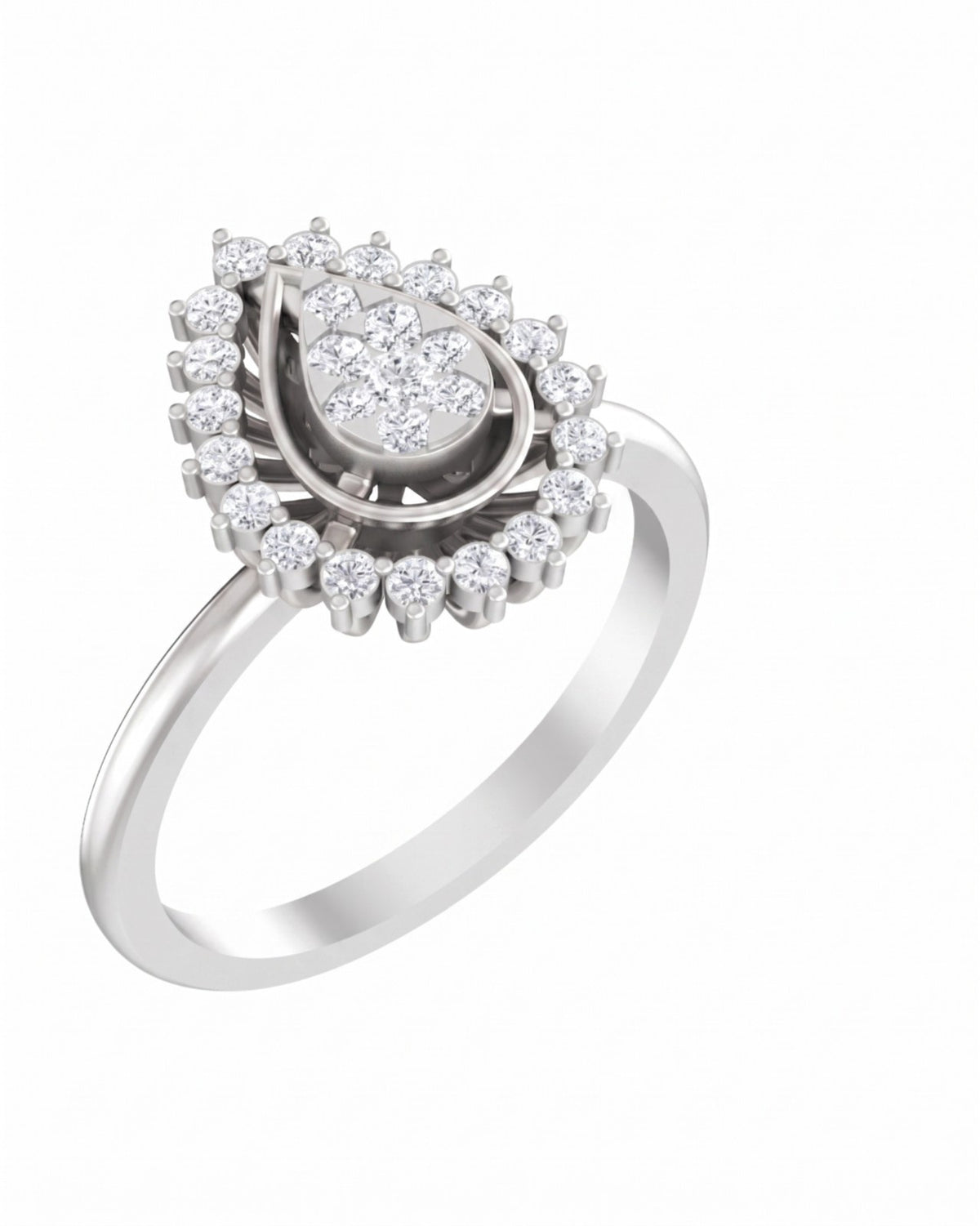 A white gold and diamond ring with a teardrop-shaped cluster, set on a plain white background.