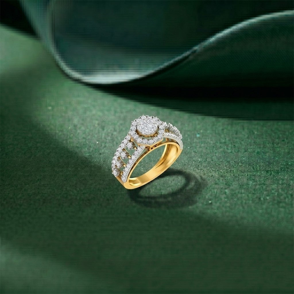 Gold ring and diamond with a round-cut center on a green textured surface.