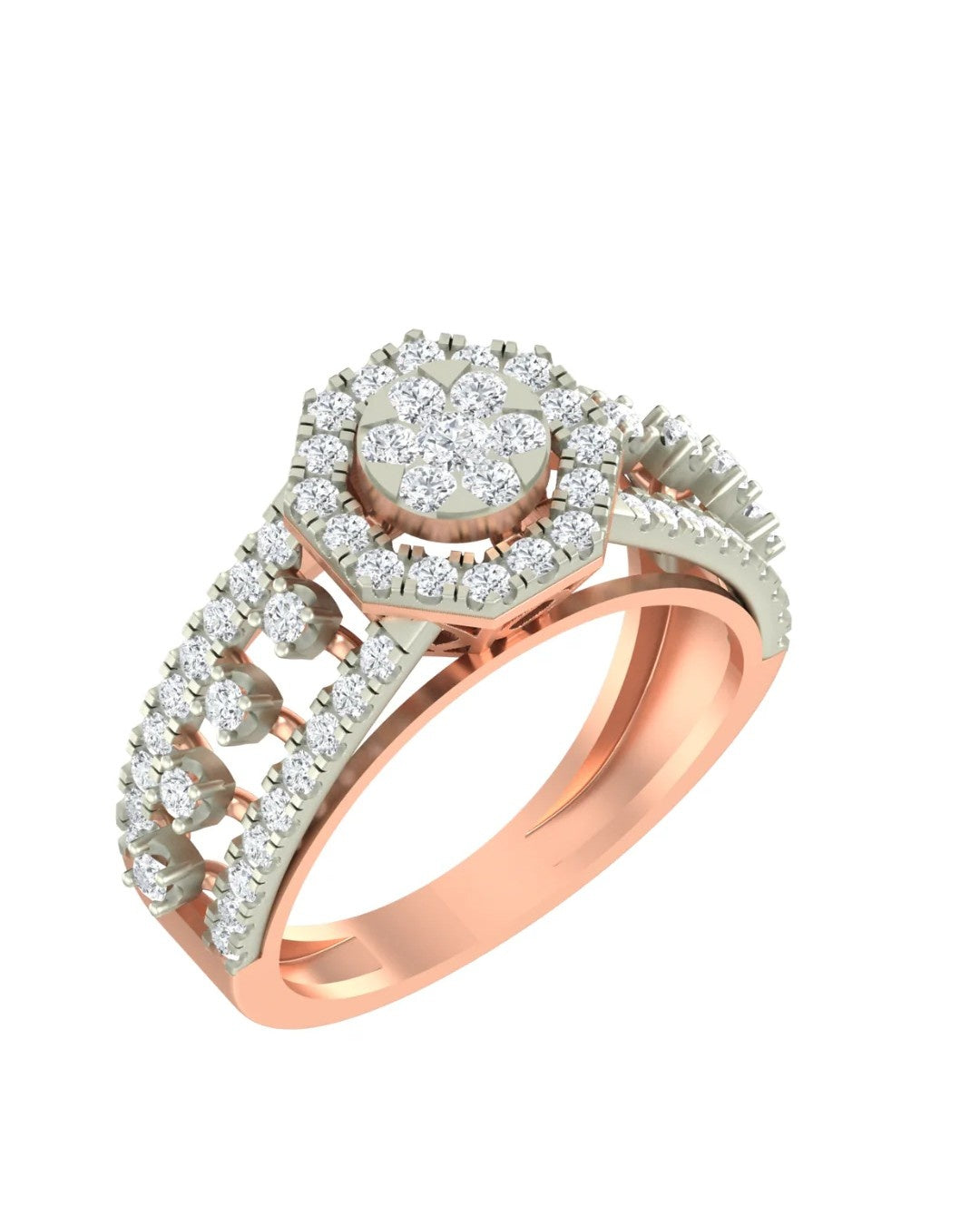 A rose gold diamond ring with a round-cut center stone surrounded by a halo, shown on a plain white background.