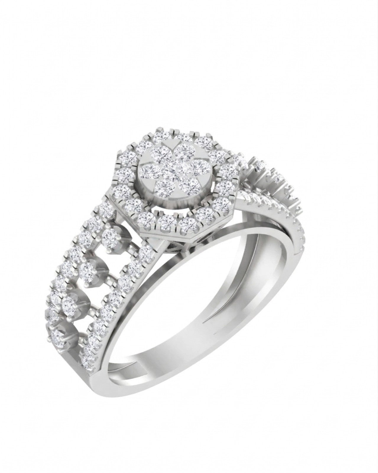 A white gold diamond ring with a round-cut center stone surrounded by a halo, shown on a plain white background.