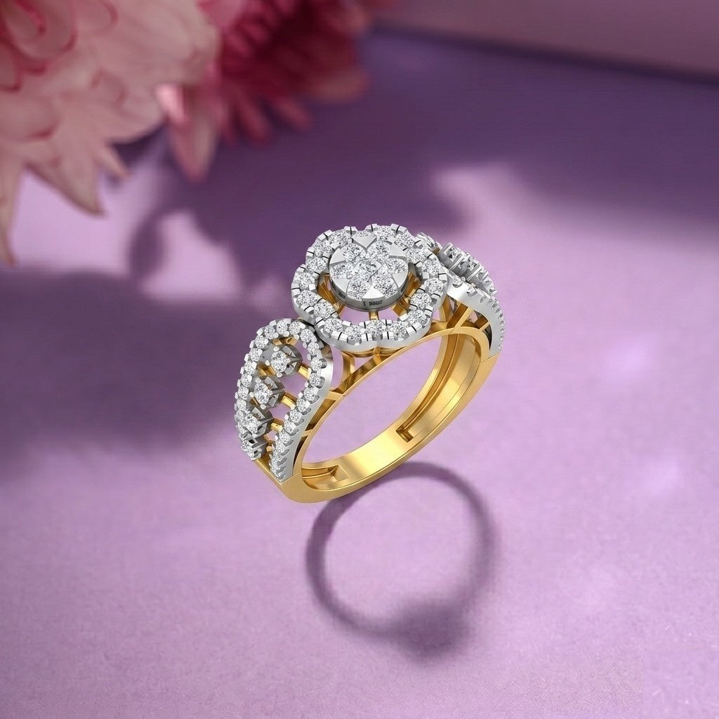 A gold ring with a halo diamond design, featuring a central round diamond, displayed on a soft purple surface.