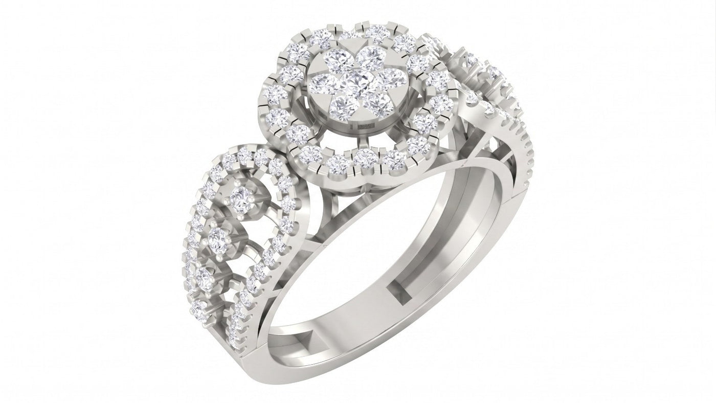 A white gold ring with a halo diamond design, featuring a central round diamond, shown on a plain white background.