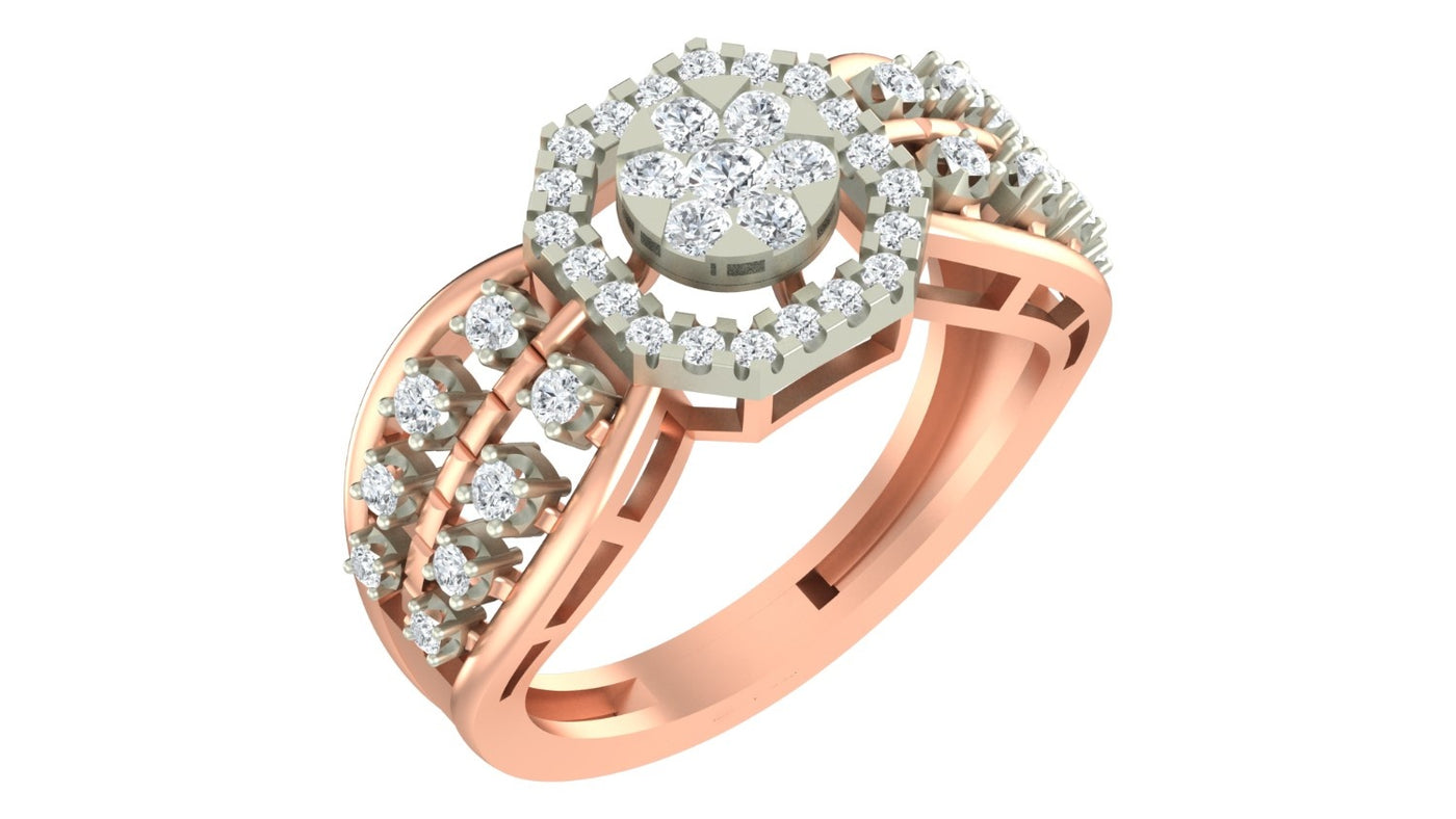 Rose gold and diamond ring on a white background.