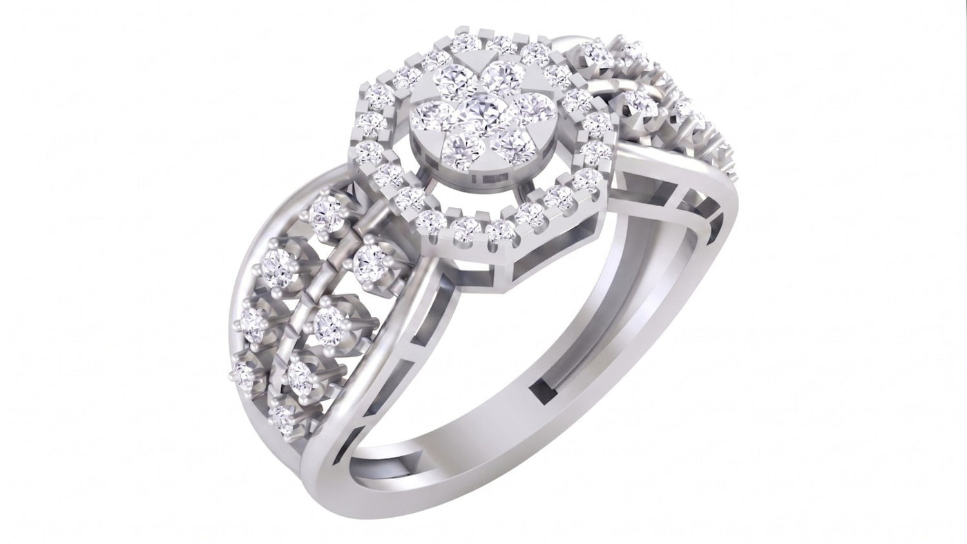 White gold and diamond ring on a white background.