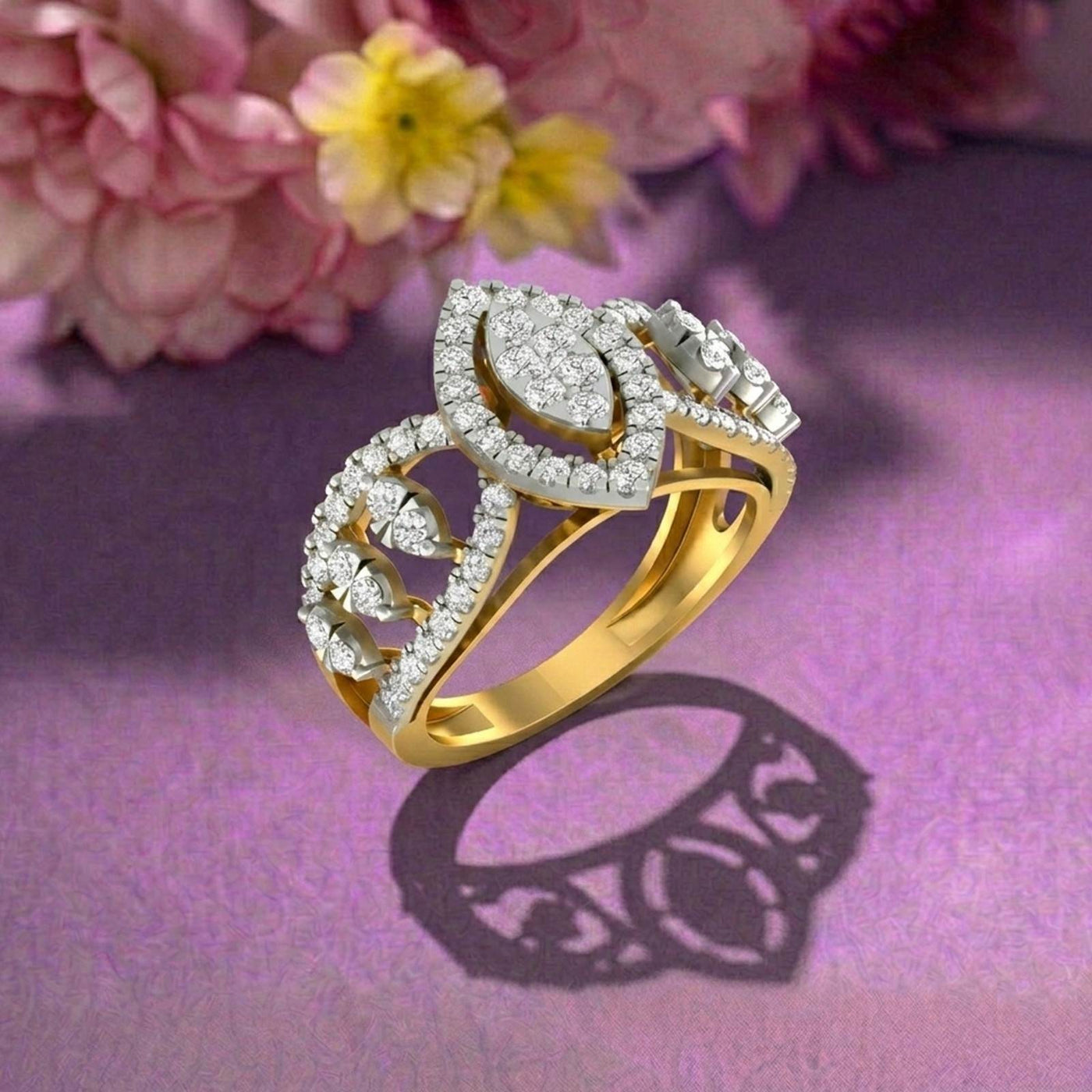 Gold ring with diamonds on a purple surface with flowers in the background