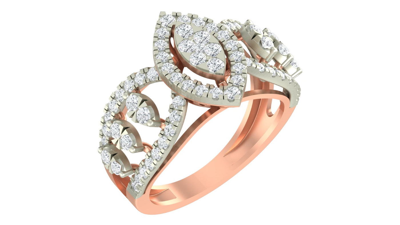 Rose gold and diamond with cocktail ring on a white background.