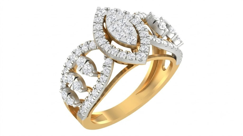 Yellow gold and diamond with cocktail ring on a white background.