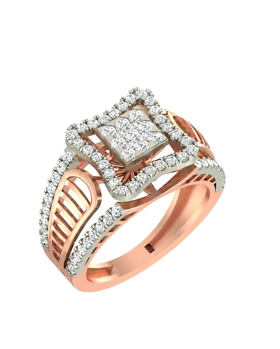 Rose gold halo ring with diamond accents on a white background.
