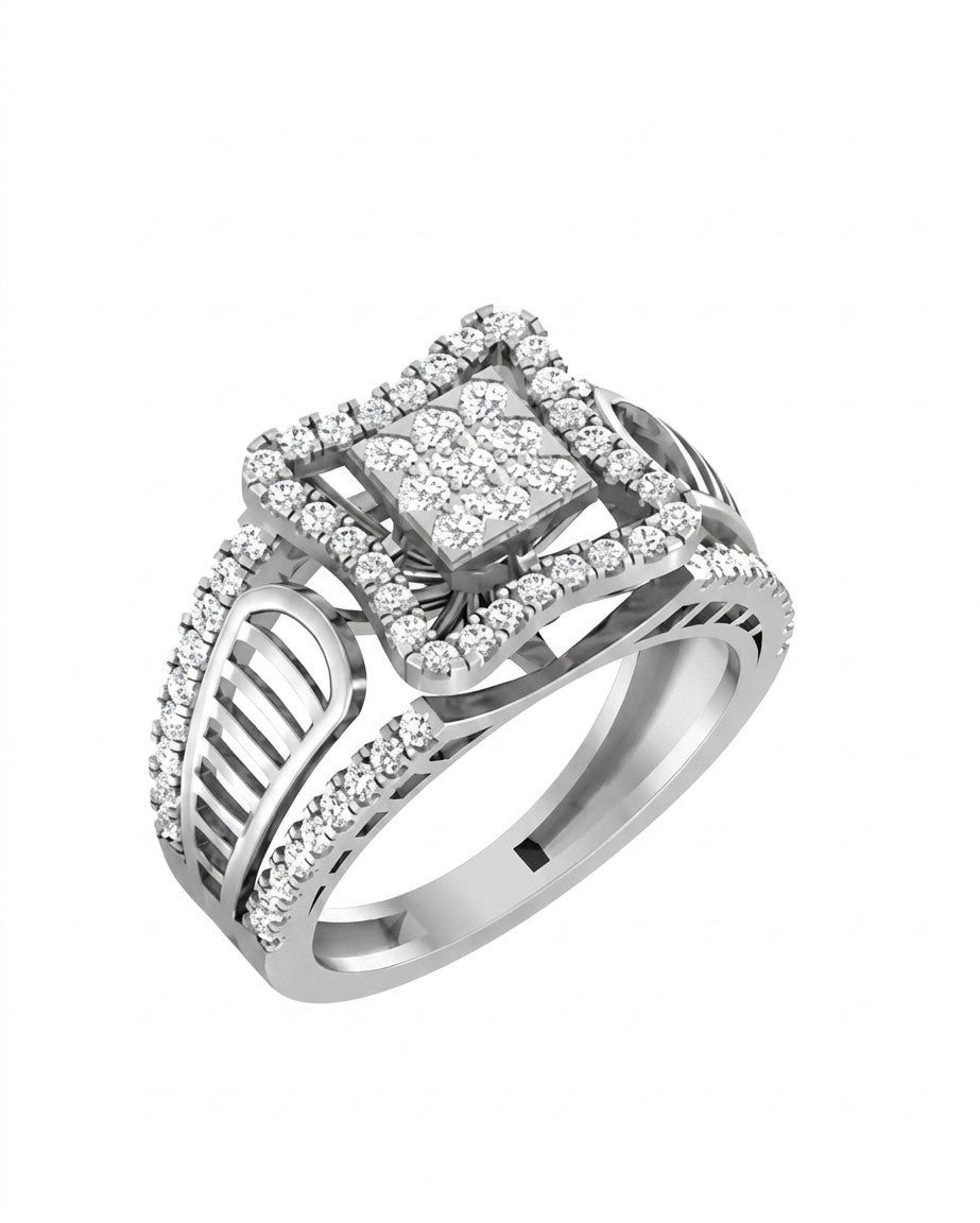 White gold halo ring with diamond accents on a white background.