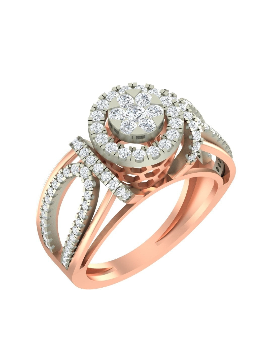 Rose gold and diamond accents ring with halo on a white background.