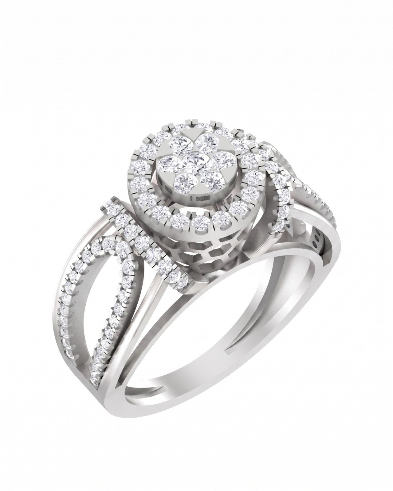 White gold and diamond accents ring with halo on a white background.