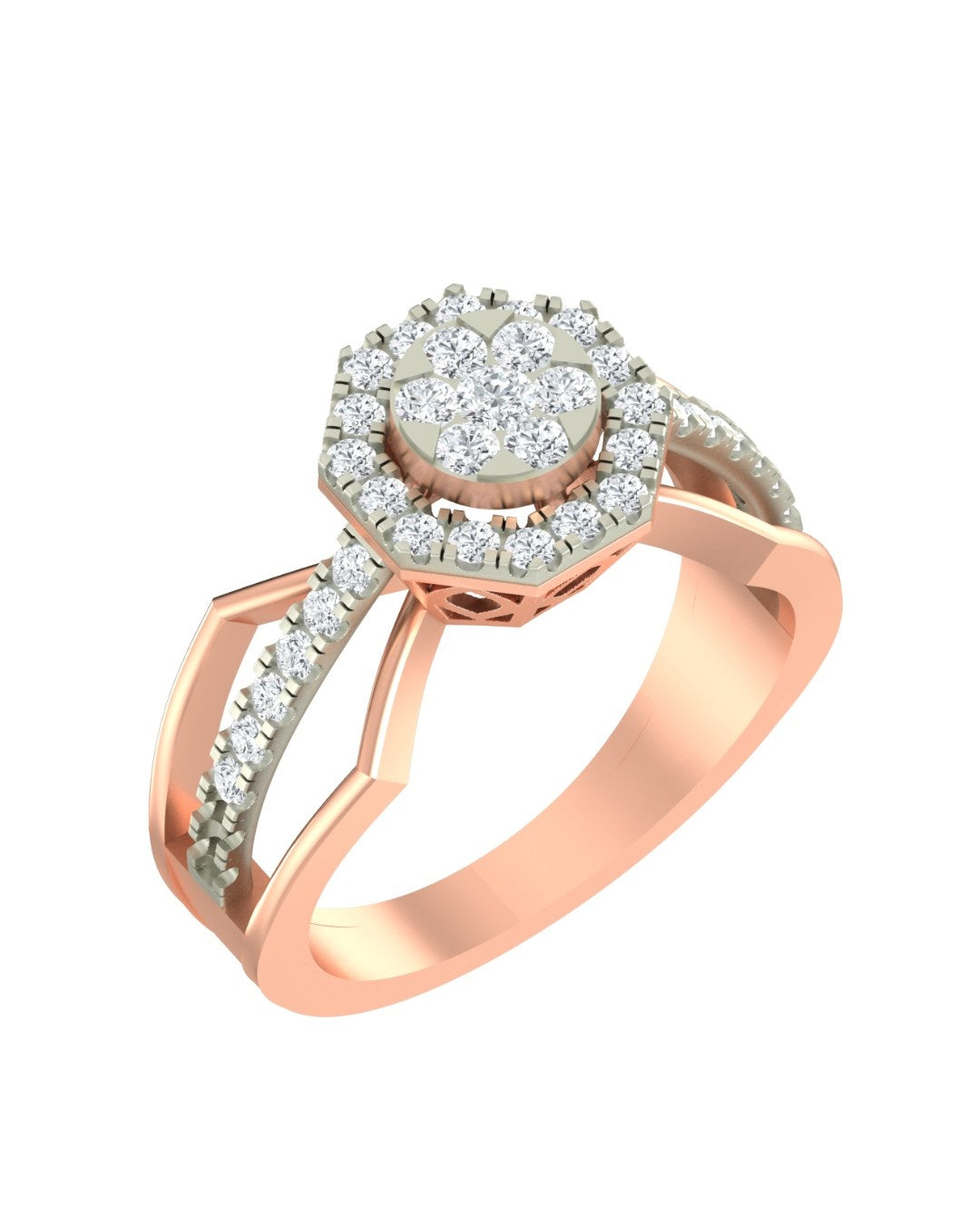 A rose gold ring with a diamond halo, shown on a plain white background.