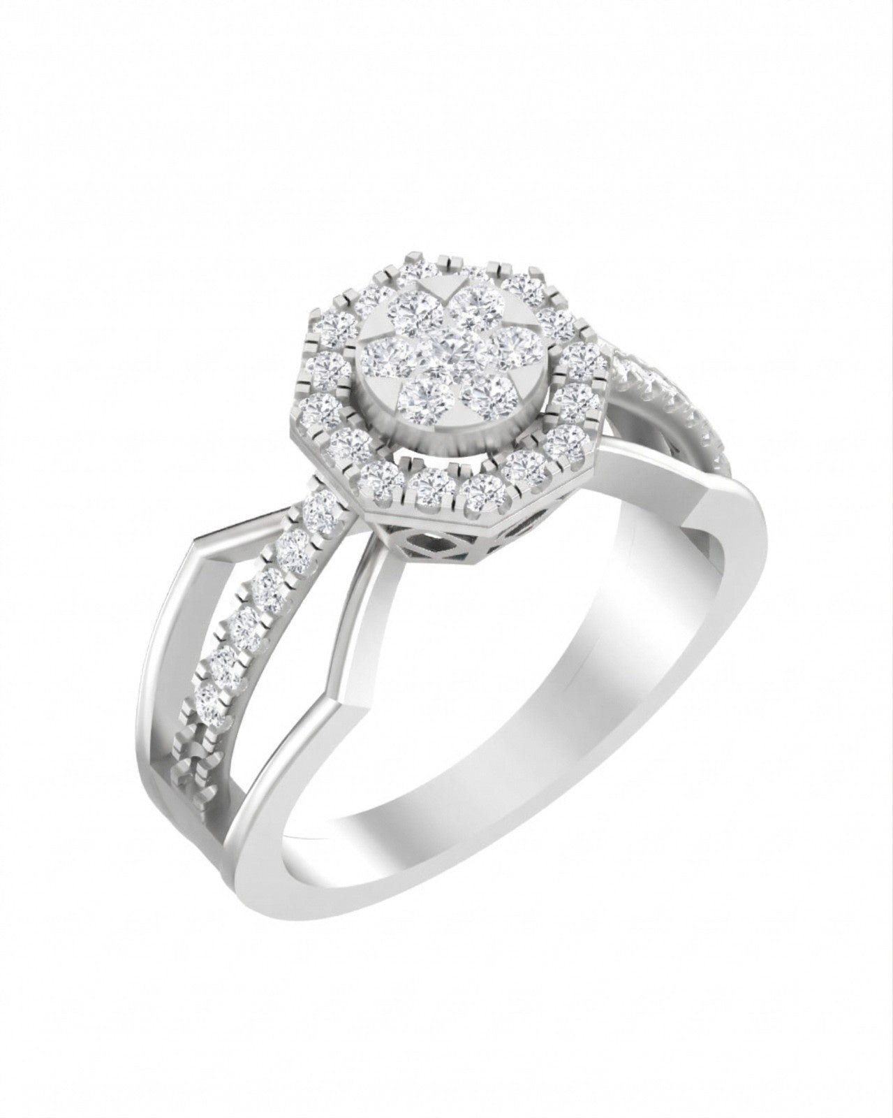 A white gold ring with a diamond halo, shown on a plain white background.