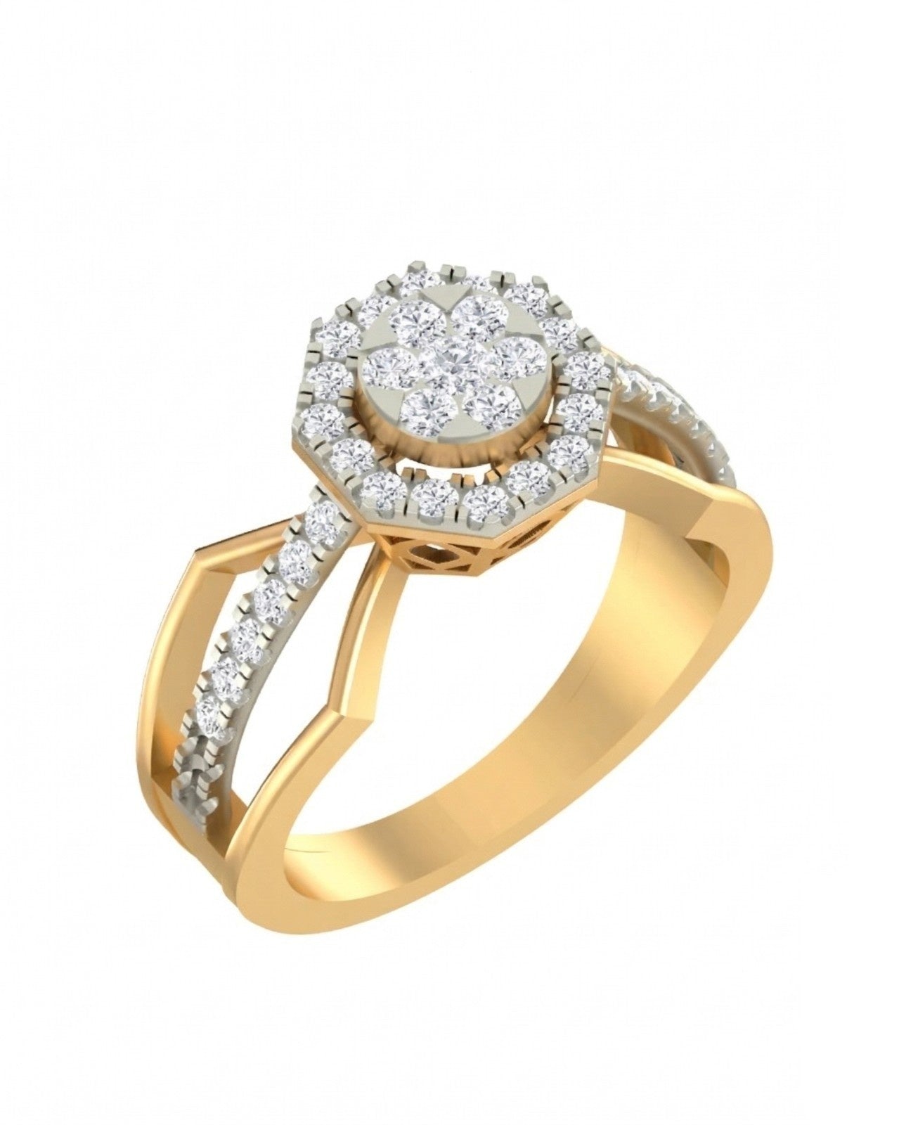 A yellow gold ring with a diamond halo, shown on a plain white background.