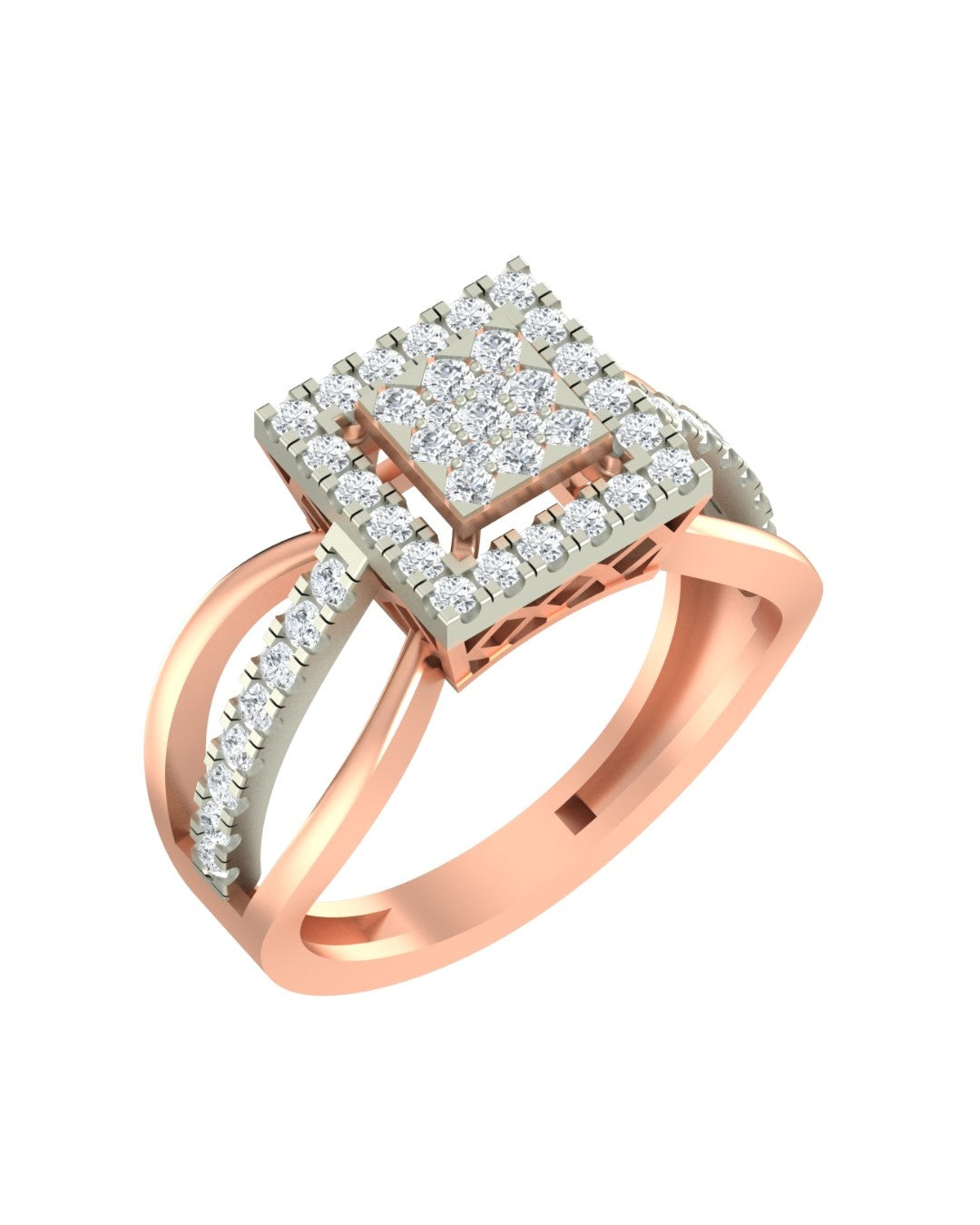 A rose gold ring featuring a square pavé diamond setting, shown on a plain white background.