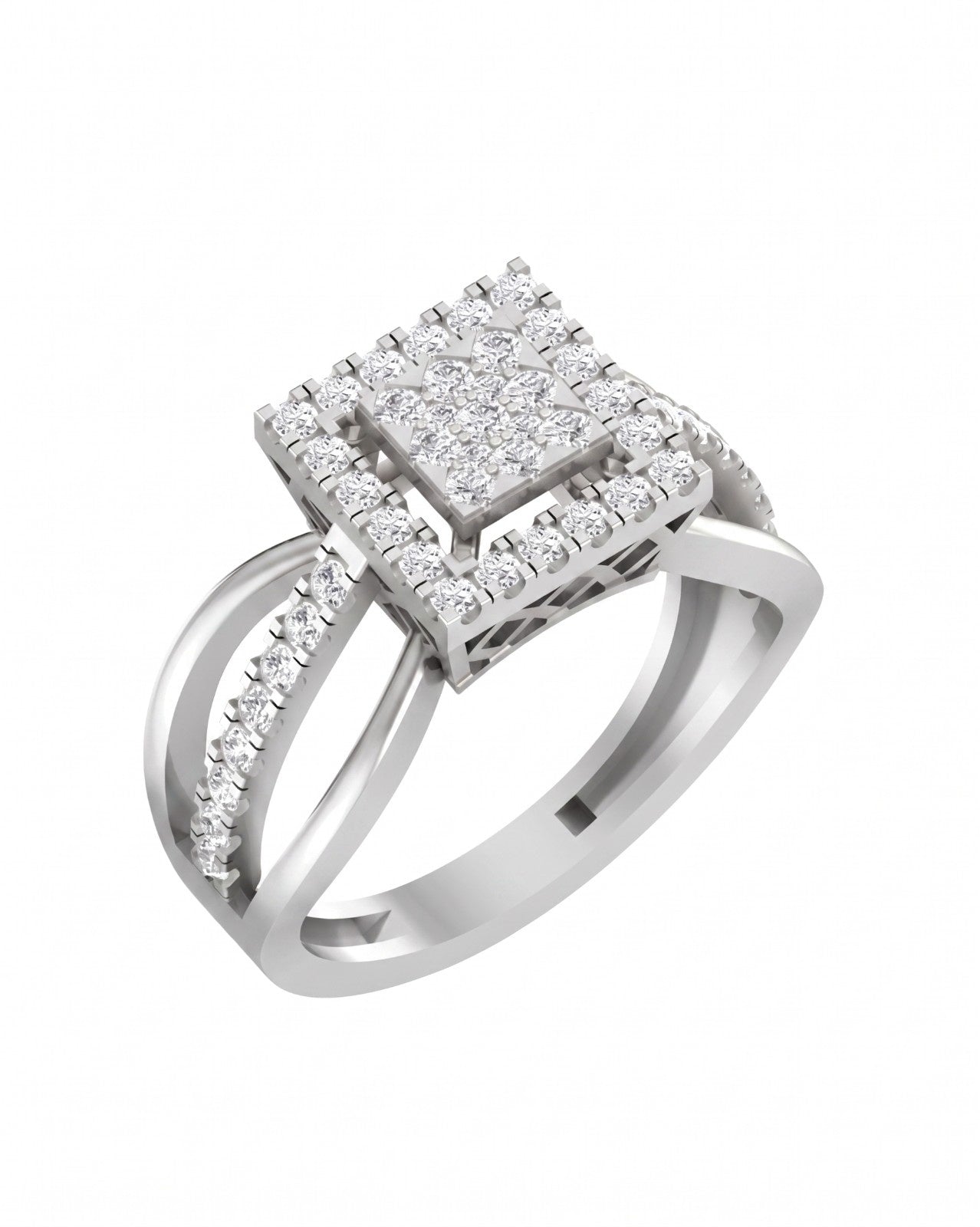 A white gold ring featuring a square pavé diamond setting, shown on a plain white background.