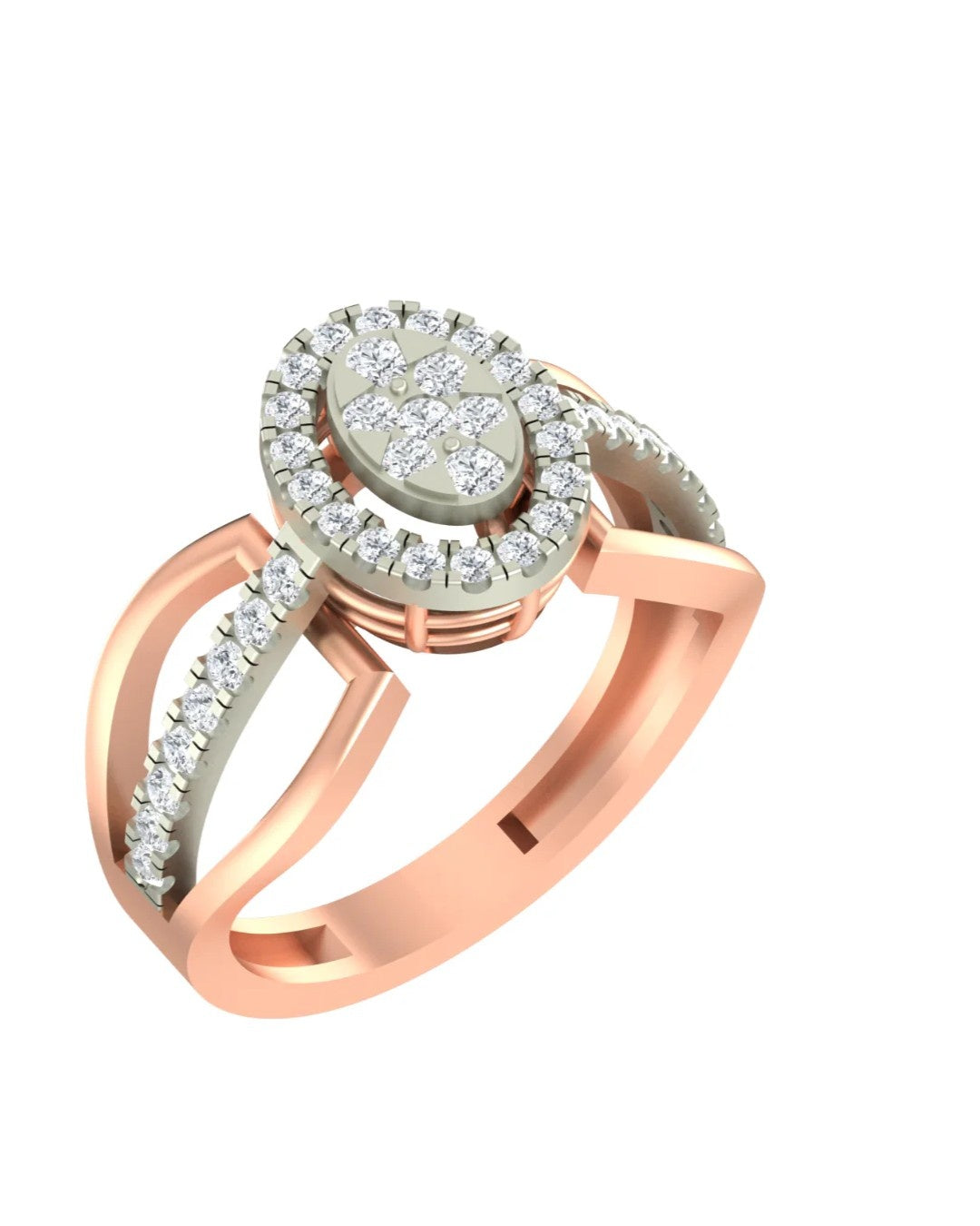 Rose gold and diamond ring with diamond accents on a white background.
